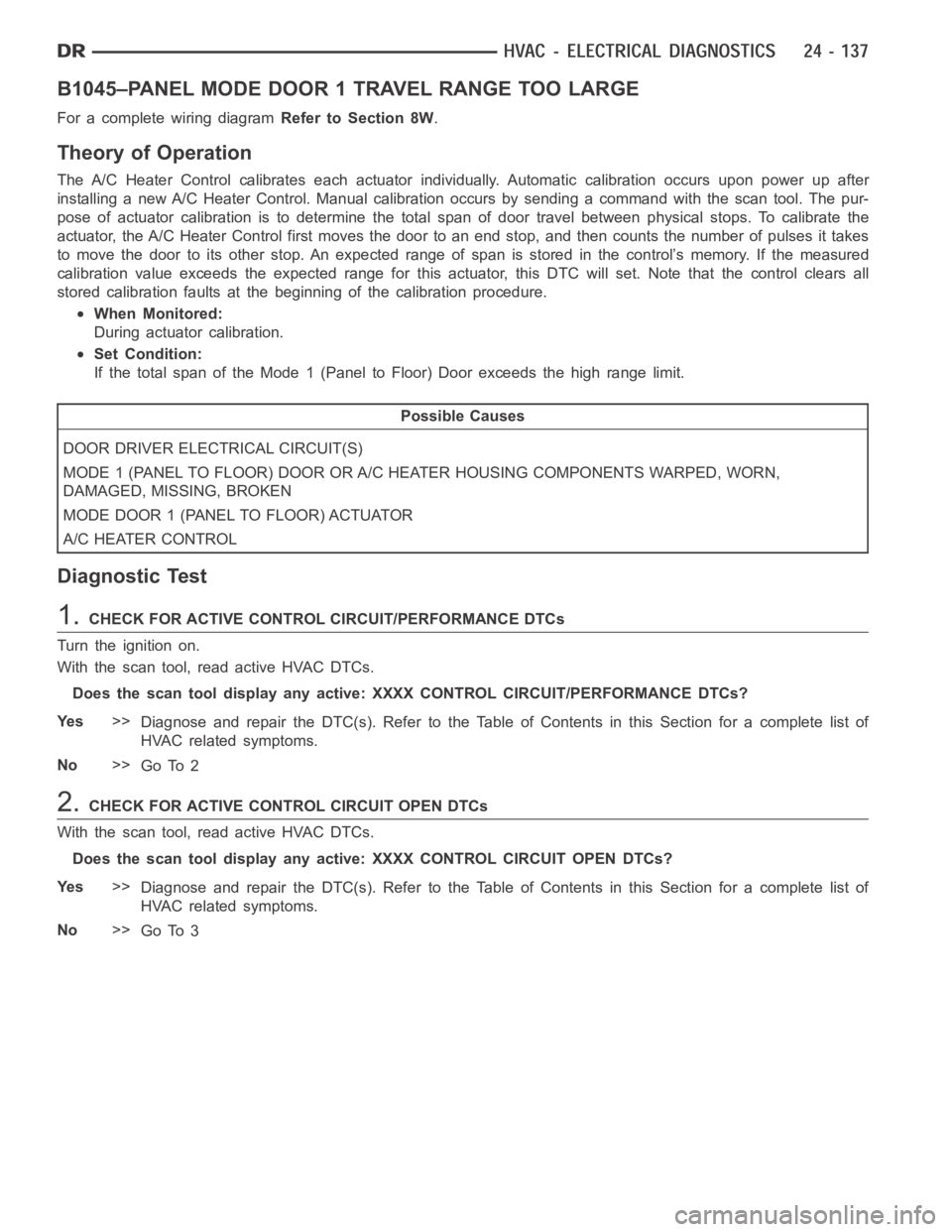 DODGE RAM SRT-10 2006  Service Repair Manual B1045–PANEL MODE DOOR 1 TRAVEL RANGE TOO LARGE
For a complete wiring diagramRefer to Section 8W.
Theory of Operation
The A/C Heater Control calibrates each actuator individually. Automaticcalibratio