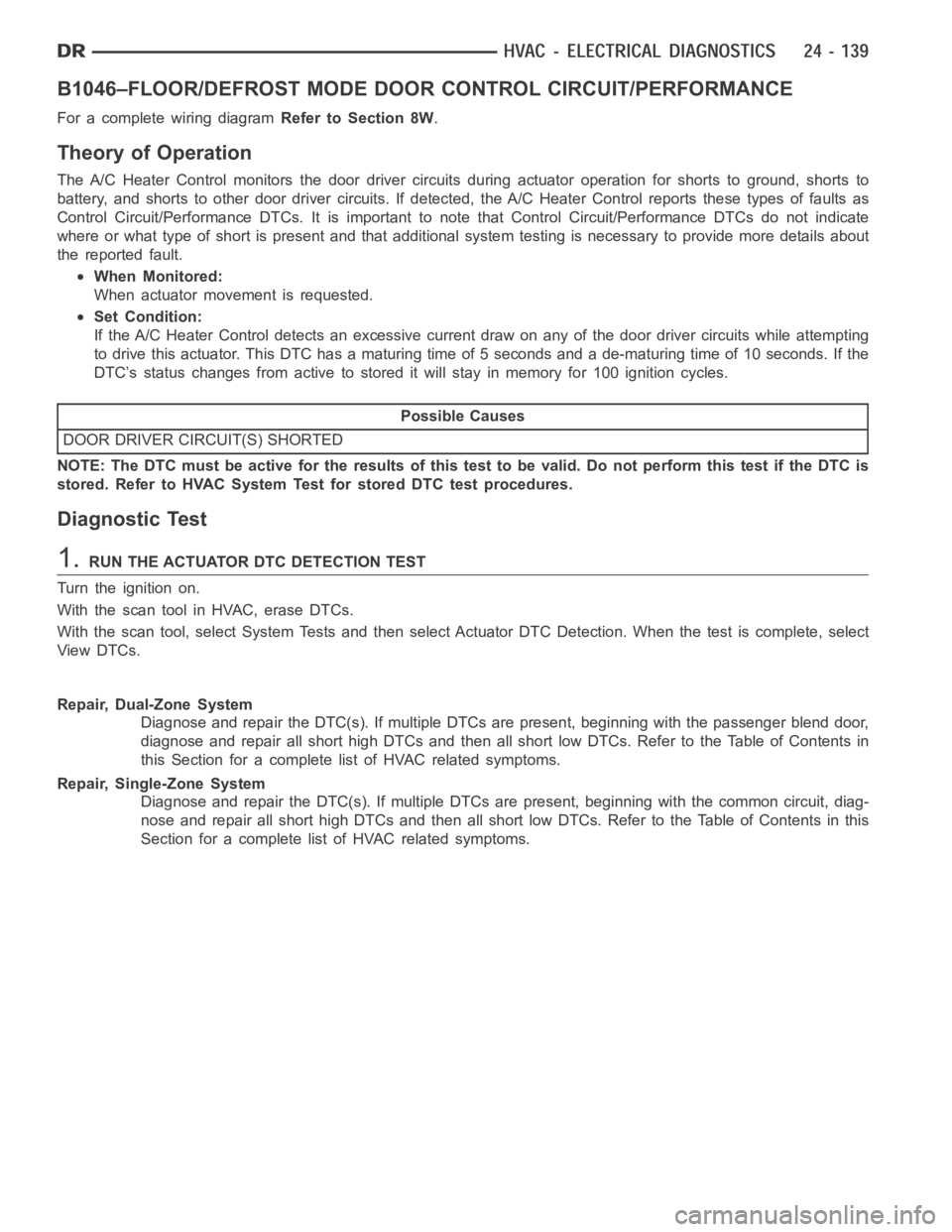 DODGE RAM SRT-10 2006  Service Repair Manual B1046–FLOOR/DEFROST MODE DOORCONTROL CIRCUIT/PERFORMANCE
For a complete wiring diagramRefer to Section 8W.
Theory of Operation
The A/C Heater Control monitors the door driver circuits during actuato