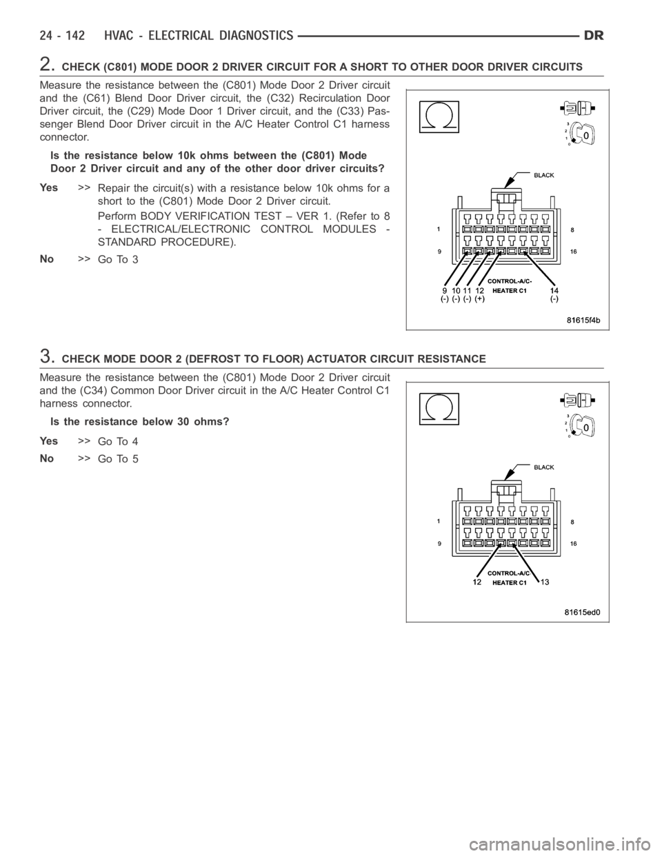 DODGE RAM SRT-10 2006  Service Repair Manual 2.CHECK (C801) MODE DOOR 2 DRIVER CIRCUIT FOR A SHORT TO OTHER DOOR DRIVER CIRCUITS
Measure the resistance between the (C801) Mode Door 2 Driver circuit
and the (C61) Blend Door Driver circuit, the (C