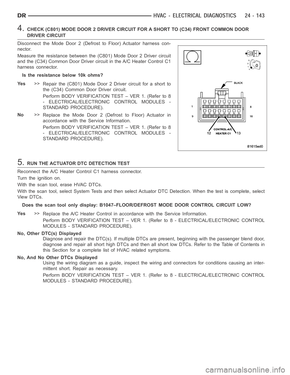 DODGE RAM SRT-10 2006  Service Repair Manual 4.CHECK (C801) MODE DOOR 2 DRIVER CIRCUIT FOR A SHORT TO (C34) FRONT COMMON DOOR
DRIVER CIRCUIT
Disconnect the Mode Door 2 (Defrost to Floor) Actuator harness con-
nector.
Measure the resistance betwe