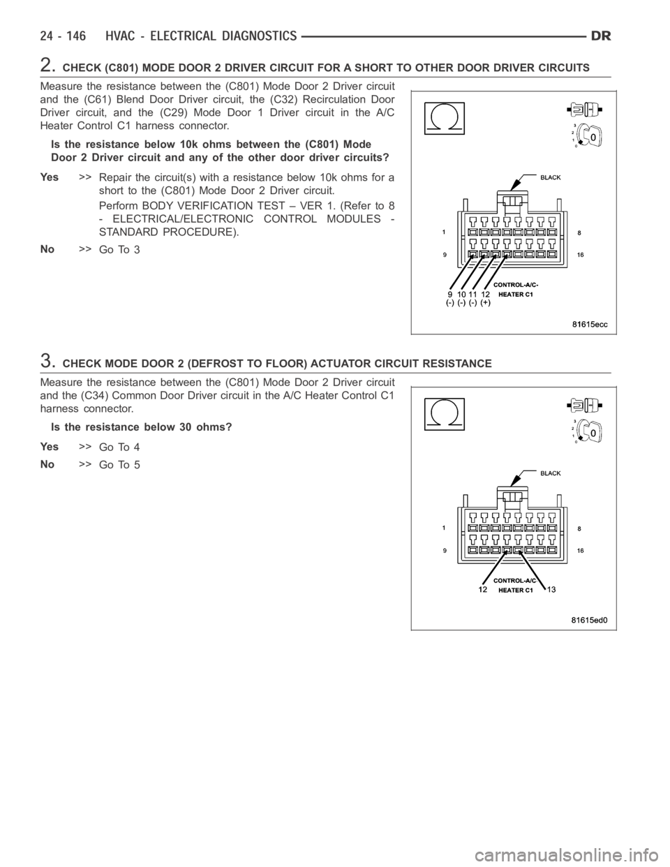 DODGE RAM SRT-10 2006  Service Repair Manual 2.CHECK (C801) MODE DOOR 2 DRIVER CIRCUIT FOR A SHORT TO OTHER DOOR DRIVER CIRCUITS
Measure the resistance between the (C801) Mode Door 2 Driver circuit
and the (C61) Blend Door Driver circuit, the (C