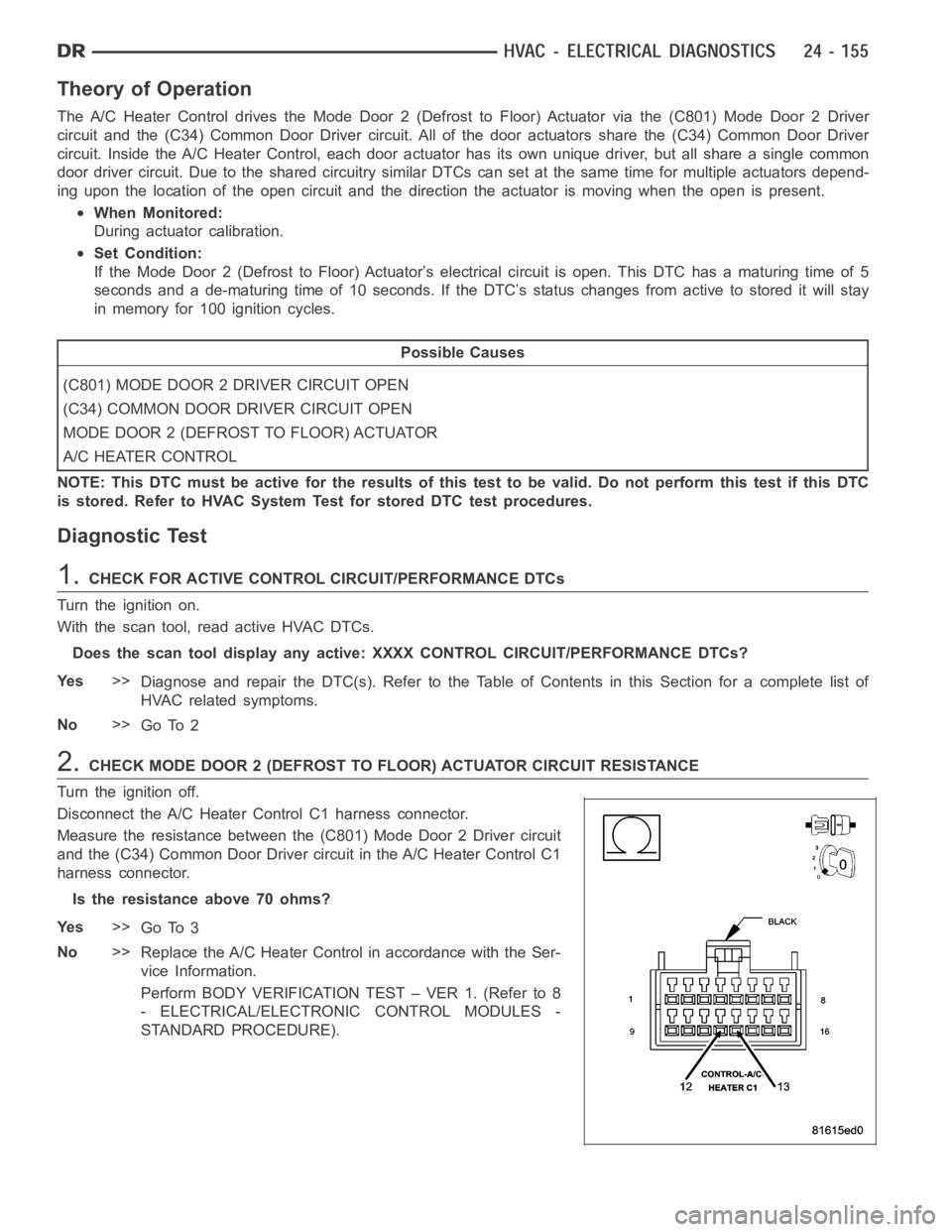 DODGE RAM SRT-10 2006 Service Repair Manual Theory of Operation
The A/C Heater Control drives the Mode Door 2 (Defrost to Floor) Actuator viathe(C801)ModeDoor2Driver
circuit and the (C34) Common Door Driver circuit. All of the door actuatorssha DODGE RAM SRT-10 2006 Service Repair Manual Theory of Operation
The A/C Heater Control drives the Mode Door 2 (Defrost to Floor) Actuator viathe(C801)ModeDoor2Driver
circuit and the (C34) Common Door Driver circuit. All of the door actuatorssha