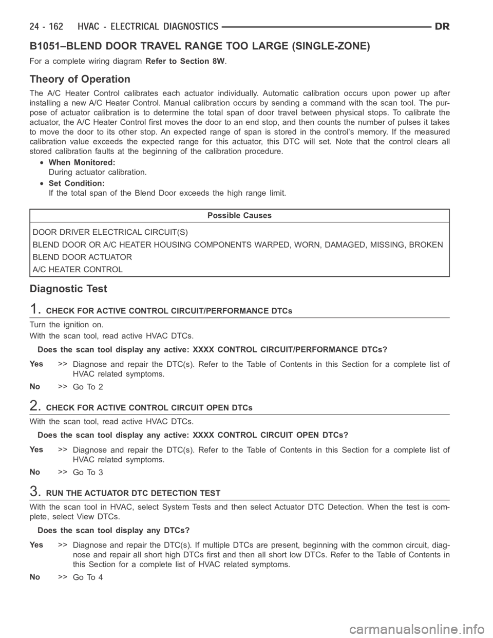 DODGE RAM SRT-10 2006 Service Repair Manual B1051–BLEND DOOR TRAVEL RANGE TOO LARGE (SINGLE-ZONE)
For a complete wiring diagramRefer to Section 8W.
Theory of Operation
The A/C Heater Control calibrates each actuator individually. Automaticcal DODGE RAM SRT-10 2006 Service Repair Manual B1051–BLEND DOOR TRAVEL RANGE TOO LARGE (SINGLE-ZONE)
For a complete wiring diagramRefer to Section 8W.
Theory of Operation
The A/C Heater Control calibrates each actuator individually. Automaticcal