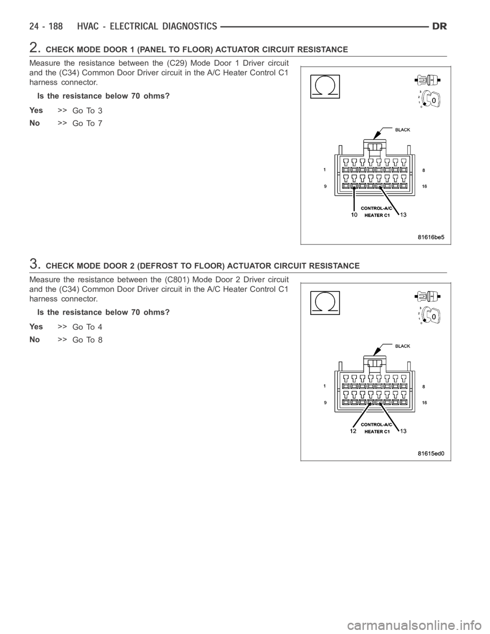 DODGE RAM SRT-10 2006  Service Repair Manual 2.CHECK MODE DOOR 1 (PANEL TO FLOOR) ACTUATOR CIRCUIT RESISTANCE
Measure the resistance between the (C29) Mode Door 1 Driver circuit
and the (C34) Common Door Driver circuit in the A/C Heater Control 