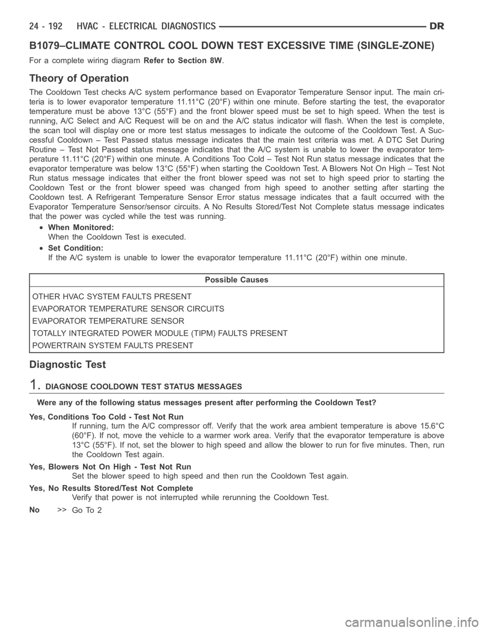 DODGE RAM SRT-10 2006  Service Repair Manual B1079–CLIMATE CONTROL COOL DOWN TEST EXCESSIVE TIME (SINGLE-ZONE)
For a complete wiring diagramRefer to Section 8W.
Theory of Operation
The Cooldown Test checks A/C system performance based on Evapo