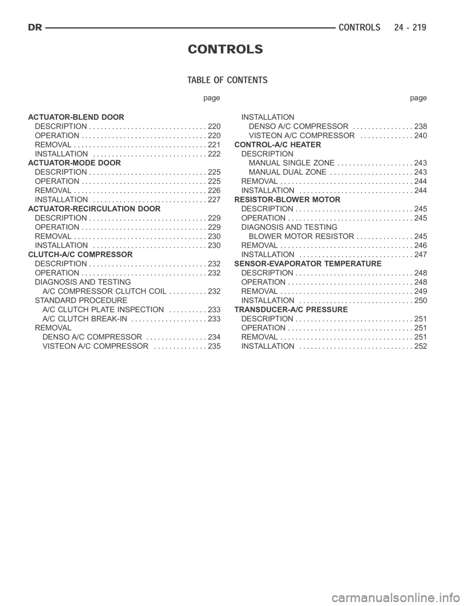 DODGE RAM SRT-10 2006  Service Repair Manual page page
ACTUATOR-BLEND DOOR
DESCRIPTION ............................... 220
OPERATION ................................. 220
REMOVAL ................................... 221
INSTALLATION .............