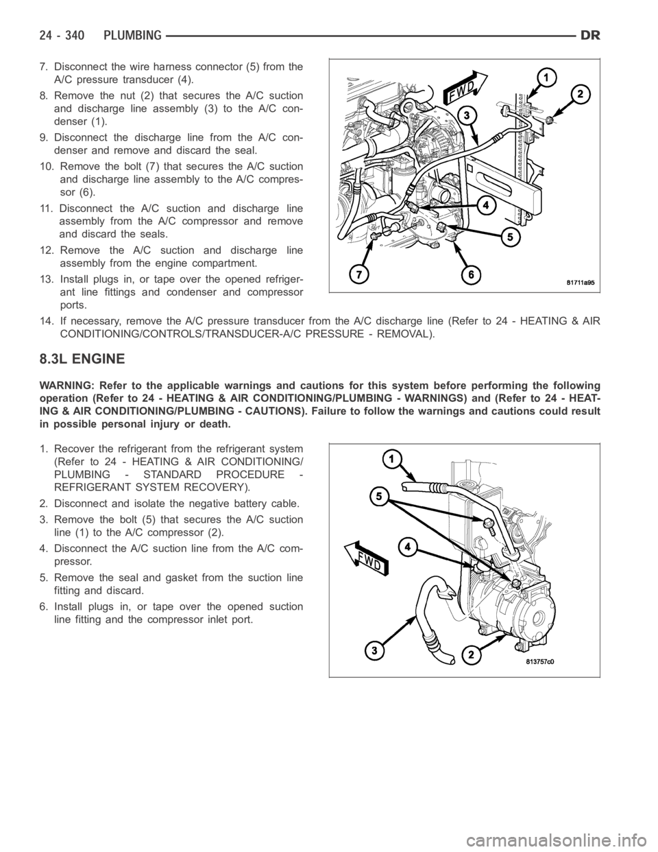DODGE RAM SRT-10 2006  Service Repair Manual 7. Disconnect the wire harness connector (5) from the
A/C pressure transducer (4).
8. Remove the nut (2) that secures the A/C suction
and discharge line assembly (3) to the A/C con-
denser (1).
9. Dis