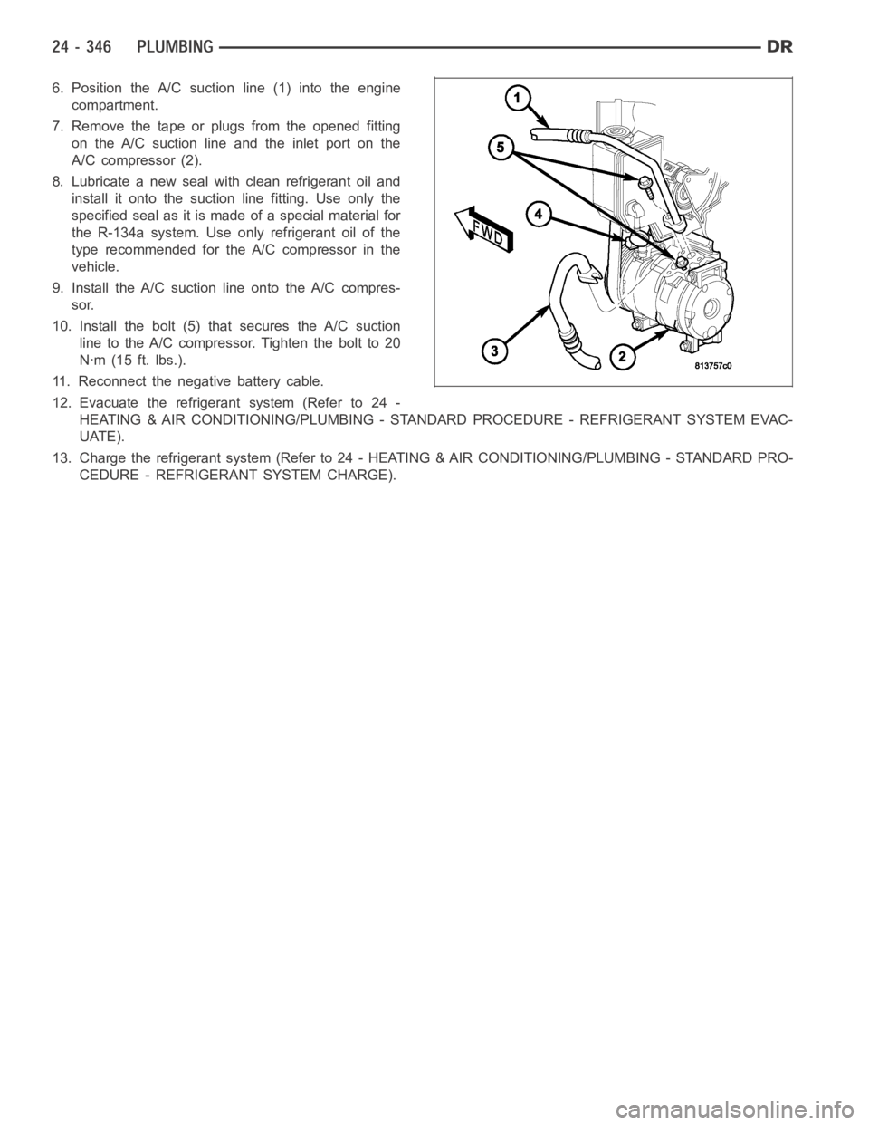 DODGE RAM SRT-10 2006  Service Repair Manual 6. Position the A/C suction line (1) into the engine
compartment.
7. Remove the tape or plugs from the opened fitting
on the A/C suction line and the inlet port on the
A/C compressor (2).
8. Lubricate