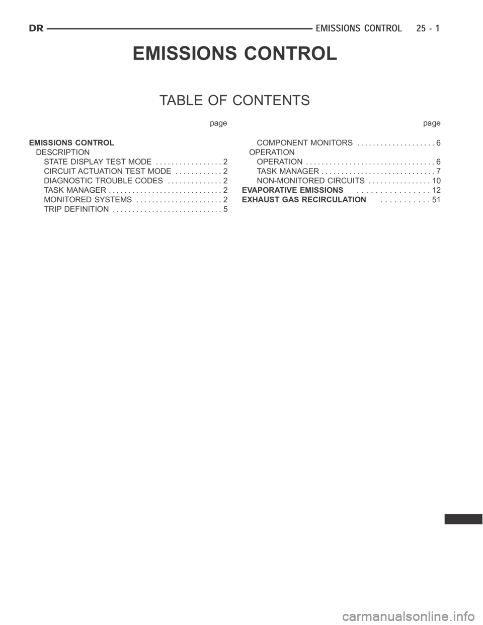DODGE RAM SRT-10 2006  Service Repair Manual EMISSIONS CONTROL
TABLE OF CONTENTS
page page
EMISSIONS CONTROL
DESCRIPTION
STATE DISPLAY TEST MODE ................. 2
CIRCUIT ACTUATION TEST MODE............ 2
DIAGNOSTIC TROUBLE CODES .............