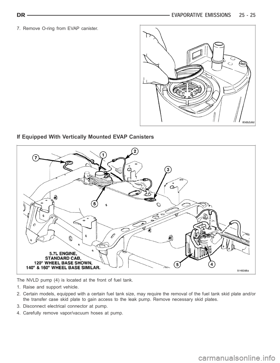 DODGE RAM SRT-10 2006  Service Repair Manual 7. Remove O-ring from EVAP canister.
If Equipped With Vertically Mounted EVAP Canisters
The NVLD pump (4) is located at the front of fuel tank.
1. Raise and support vehicle.
2. Certain models, equippe