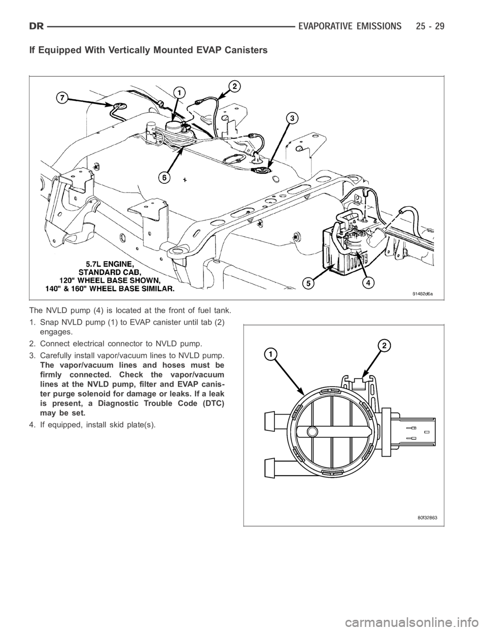 DODGE RAM SRT-10 2006  Service Repair Manual If Equipped With Vertically Mounted EVAP Canisters
The NVLD pump (4) is located at the front of fuel tank.
1. Snap NVLD pump (1) to EVAP canister until tab (2)
engages.
2. Connect electrical connector