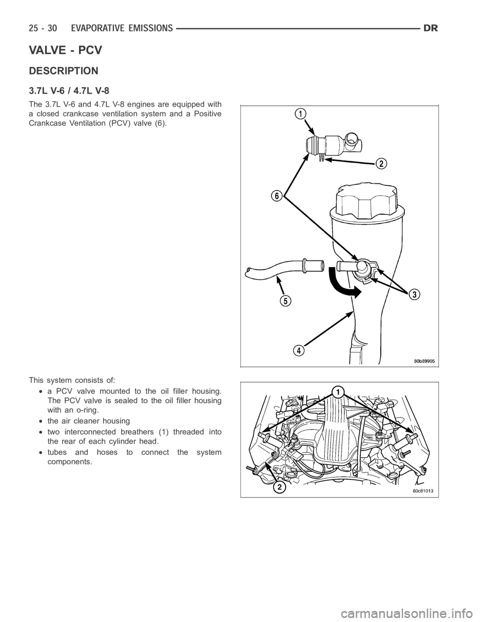 DODGE RAM SRT-10 2006  Service Repair Manual VA LV E - P C V
DESCRIPTION
3.7L V-6 / 4.7L V-8
The 3.7L V-6 and 4.7L V-8 engines are equipped with
a closed crankcase ventilation system and a Positive
Crankcase Ventilation (PCV) valve (6).
This sys