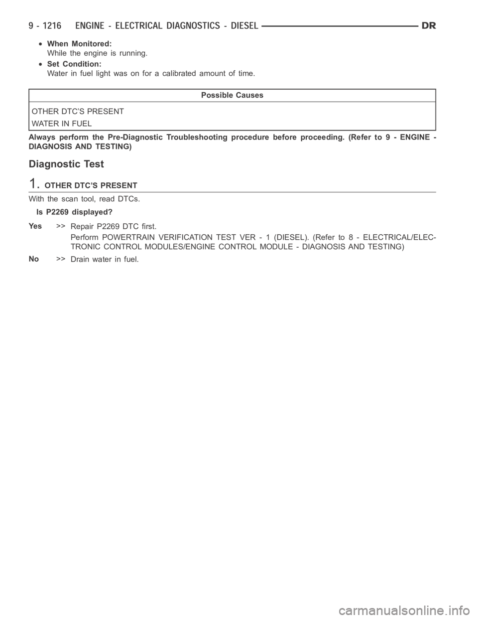 DODGE RAM SRT-10 2006  Service Repair Manual When Monitored:
While the engine is running.
Set Condition:
Water in fuel light was on for a calibrated amount of time.
Possible Causes
OTHER DTC’S PRESENT
WATER IN FUEL
Always perform the Pre-Diagn