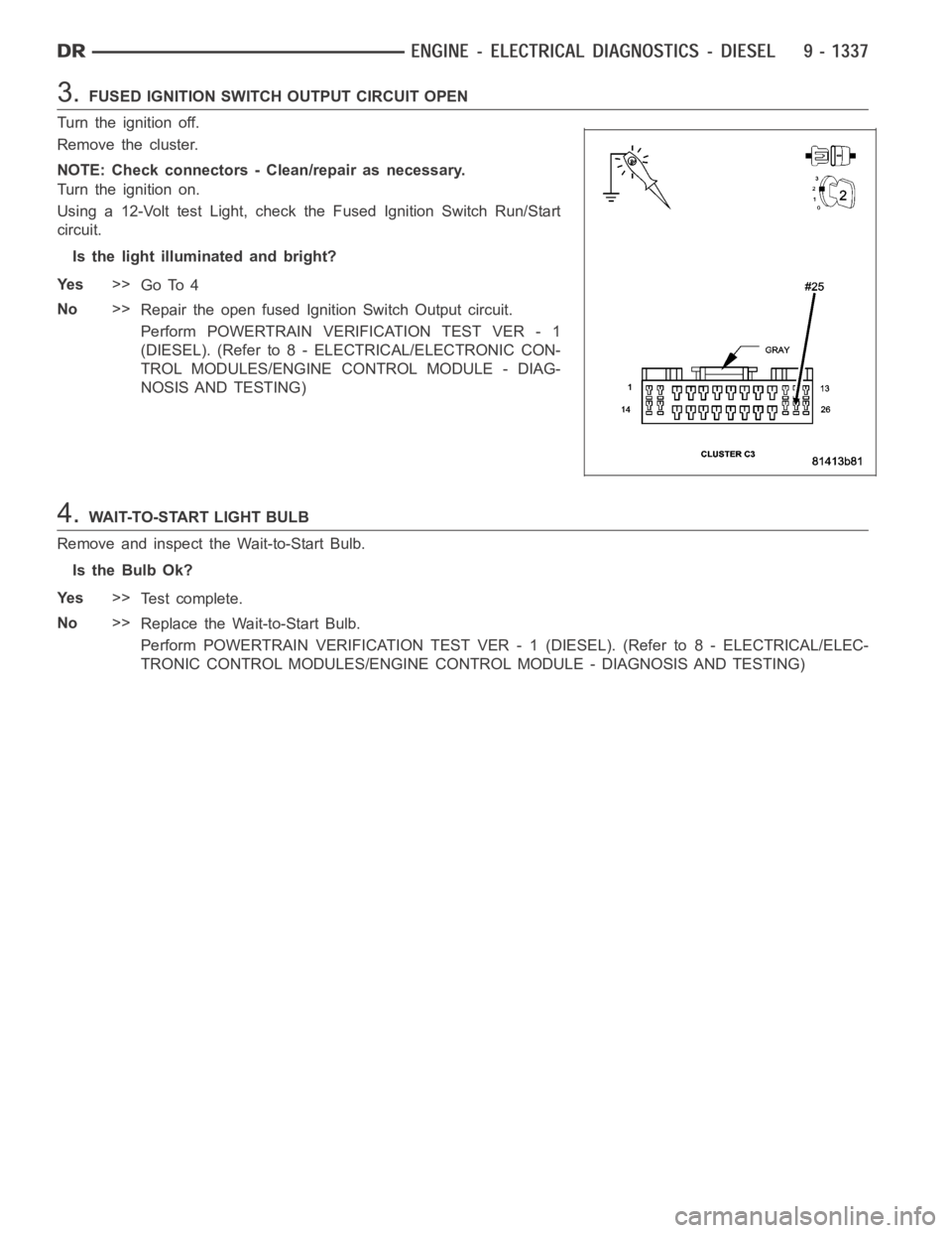 DODGE RAM SRT-10 2006  Service Repair Manual 3.FUSED IGNITION SWITCH OUTPUT CIRCUIT OPEN
Turn the ignition off.
Remove the cluster.
NOTE: Check connectors - Clean/repair as necessary.
Turn the ignition on.
Using a 12-Volt test Light, check the F