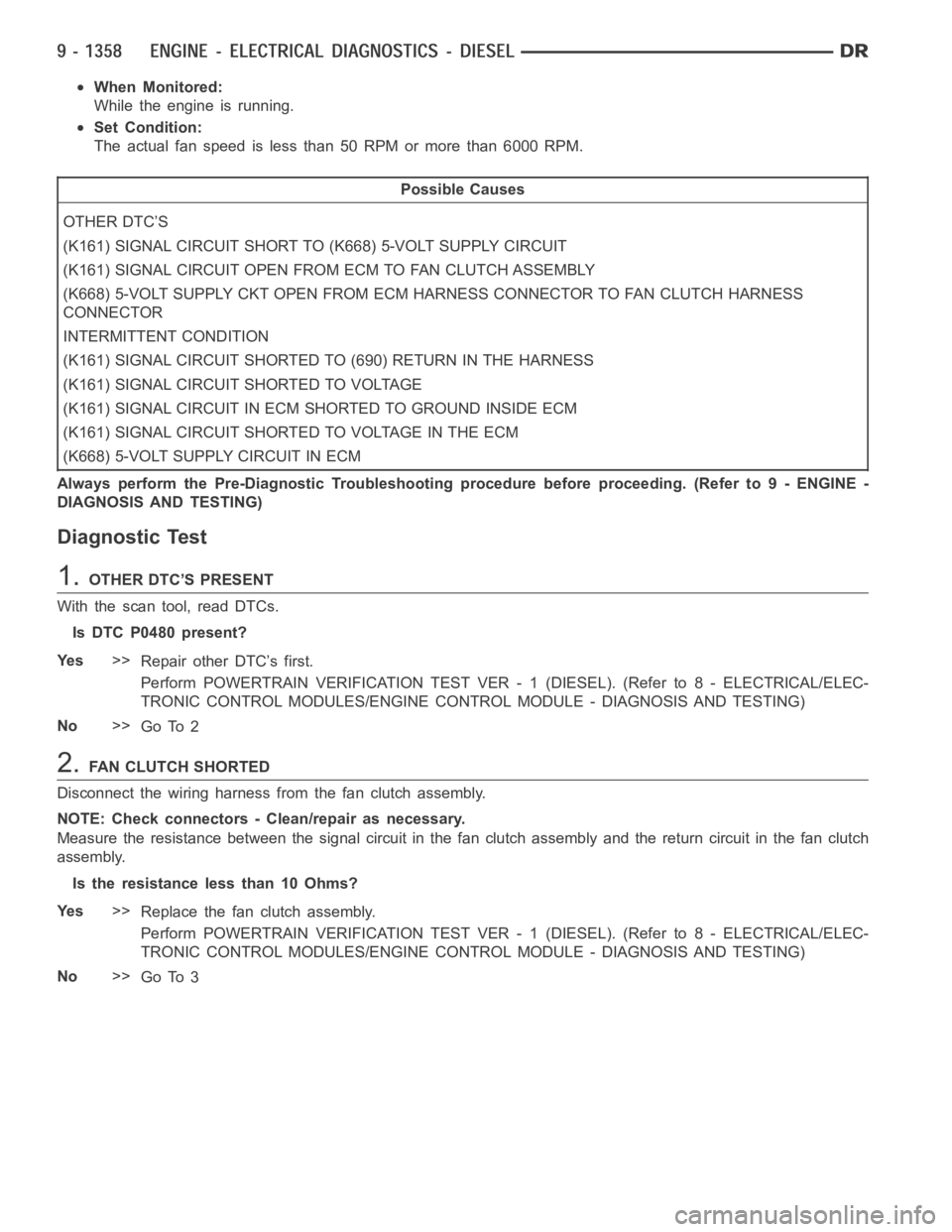 DODGE RAM SRT-10 2006  Service Repair Manual When Monitored:
While the engine is running.
Set Condition:
The actual fan speed is less than 50 RPM or more than 6000 RPM.
Possible Causes
OTHER DTC’S
(K161) SIGNAL CIRCUIT SHORT TO (K668) 5-VOLT S