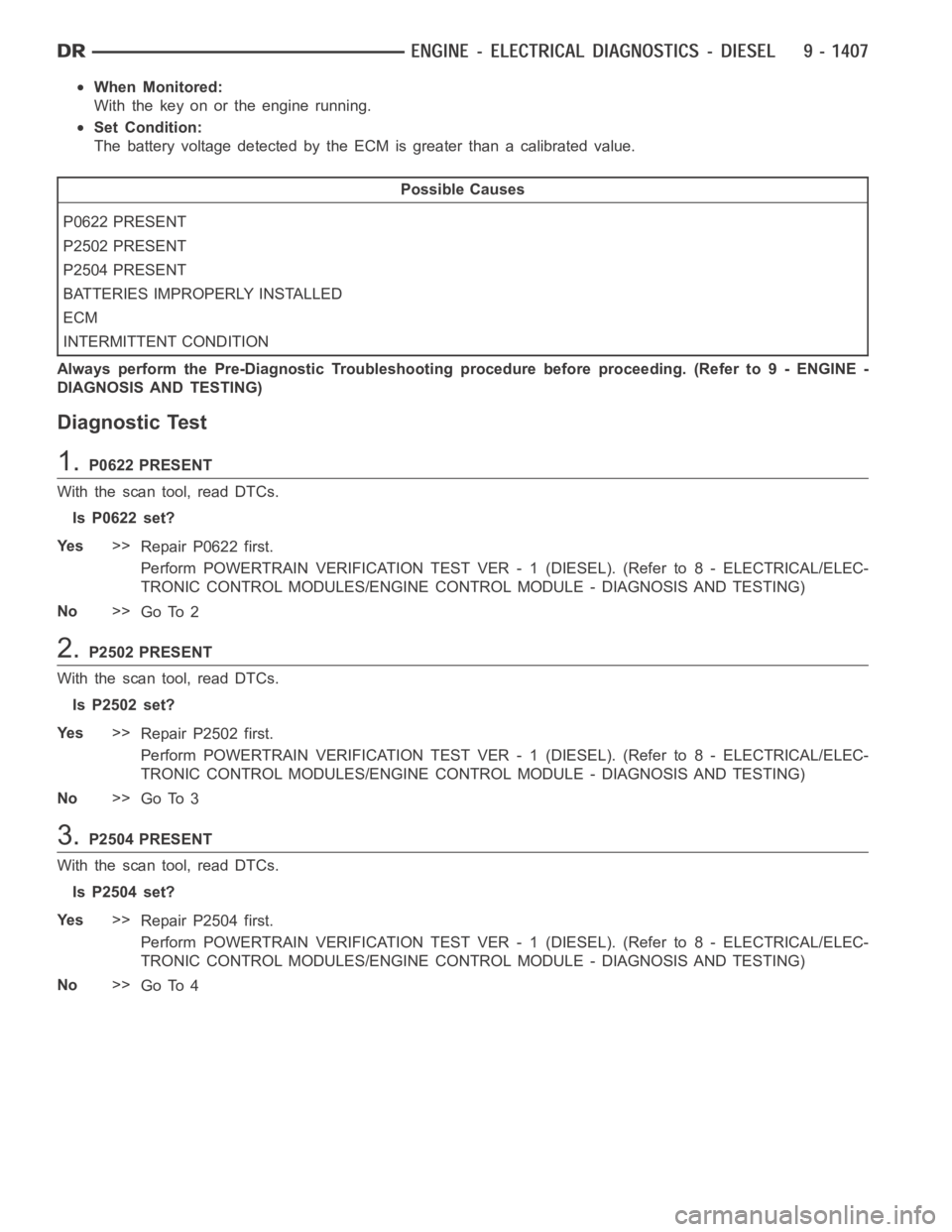 DODGE RAM SRT-10 2006 Service Repair Manual When Monitored:
With the key on or the engine running.
Set Condition:
The battery voltage detected by the ECM is greater than a calibrated value.
Possible Causes
P0622 PRESENT
P2502 PRESENT
P2504 PRES DODGE RAM SRT-10 2006 Service Repair Manual When Monitored:
With the key on or the engine running.
Set Condition:
The battery voltage detected by the ECM is greater than a calibrated value.
Possible Causes
P0622 PRESENT
P2502 PRESENT
P2504 PRES