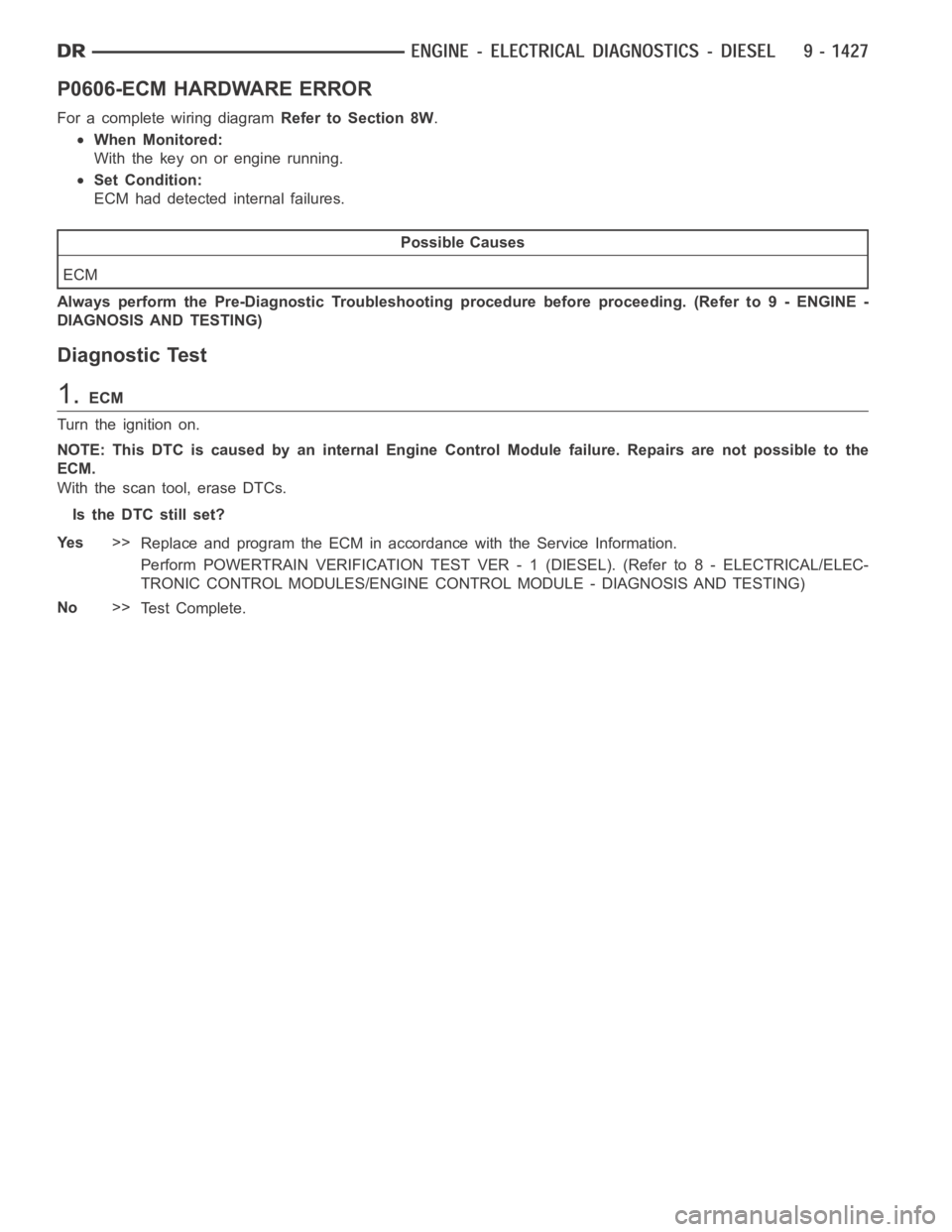 DODGE RAM SRT-10 2006  Service Repair Manual P0606-ECM HARDWARE ERROR
For a complete wiring diagramRefer to Section 8W.
When Monitored:
With the key on or engine running.
Set Condition:
ECM had detected internal failures.
Possible Causes
ECM
Alw