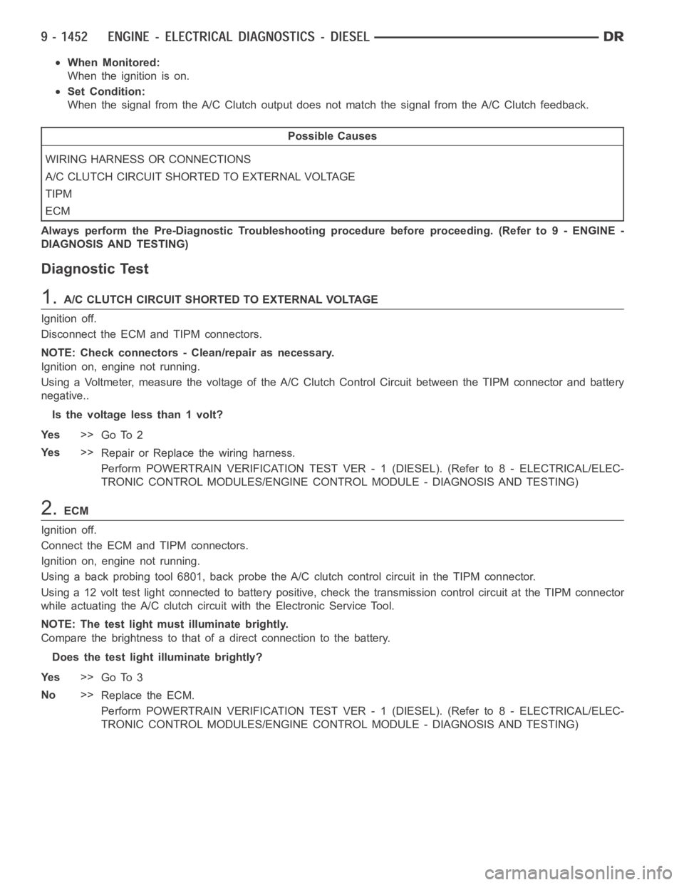 DODGE RAM SRT-10 2006 Service Repair Manual When Monitored:
When the ignition is on.
Set Condition:
When the signal from the A/C Clutch output does not match the signal from theA/C Clutch feedback.
Possible Causes
WIRING HARNESS OR CONNECTIONS
DODGE RAM SRT-10 2006 Service Repair Manual When Monitored:
When the ignition is on.
Set Condition:
When the signal from the A/C Clutch output does not match the signal from theA/C Clutch feedback.
Possible Causes
WIRING HARNESS OR CONNECTIONS