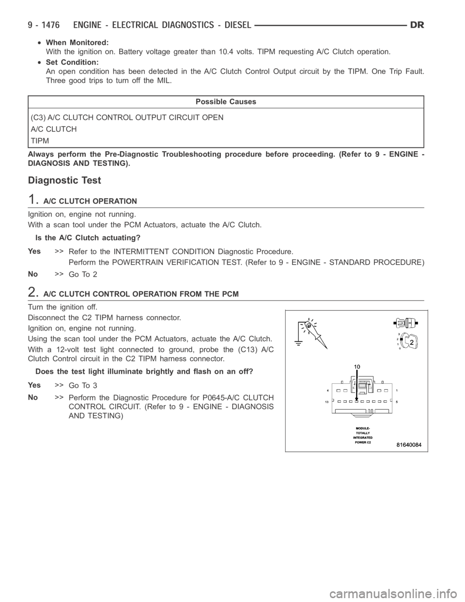 DODGE RAM SRT-10 2006 Service Repair Manual When Monitored:
With the ignition on. Battery voltage greater than 10.4 volts. TIPM requesting A/C Clutch operation.
Set Condition:
An open condition has been detected in the A/C Clutch Control Output DODGE RAM SRT-10 2006 Service Repair Manual When Monitored:
With the ignition on. Battery voltage greater than 10.4 volts. TIPM requesting A/C Clutch operation.
Set Condition:
An open condition has been detected in the A/C Clutch Control Output
