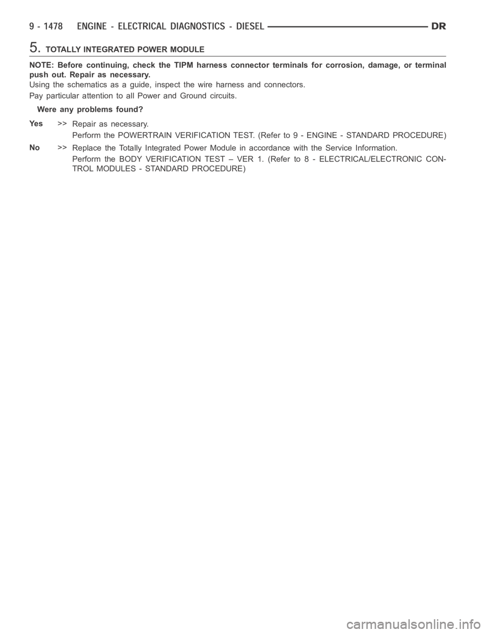 DODGE RAM SRT-10 2006  Service Repair Manual 5.TOTALLY INTEGRATED POWER MODULE
NOTE: Before continuing, check the TIPM harness connector terminals for corrosion, damage, or terminal
push out. Repair as necessary.
Using the schematics as a guide,