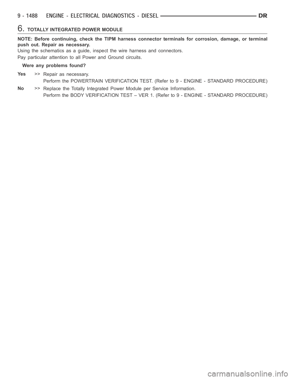DODGE RAM SRT-10 2006  Service Repair Manual 6.TOTALLY INTEGRATED POWER MODULE
NOTE: Before continuing, check the TIPM harness connector terminals for corrosion, damage, or terminal
push out. Repair as necessary.
Using the schematics as a guide,