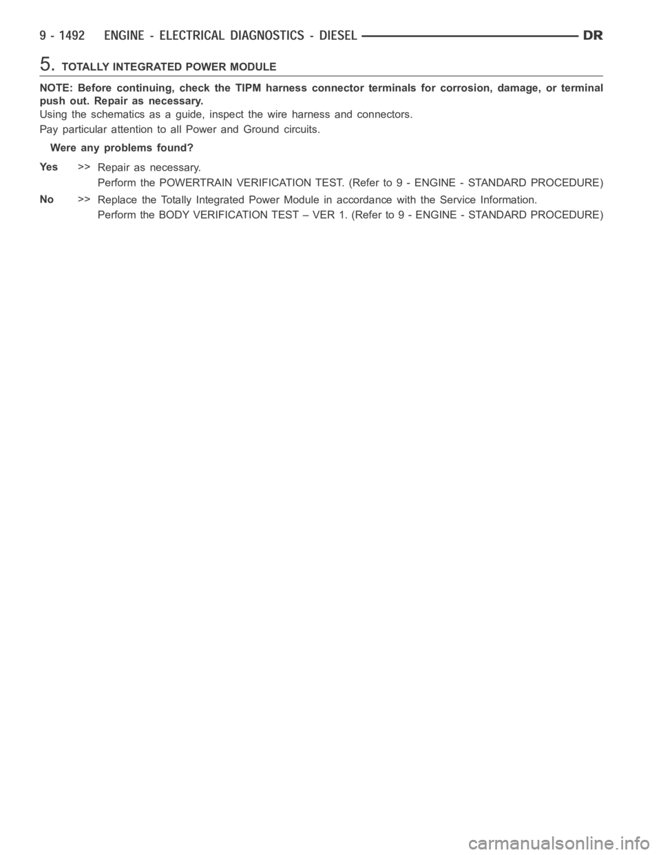 DODGE RAM SRT-10 2006  Service Repair Manual 5.TOTALLY INTEGRATED POWER MODULE
NOTE: Before continuing, check the TIPM harness connector terminals for corrosion, damage, or terminal
push out. Repair as necessary.
Using the schematics as a guide,