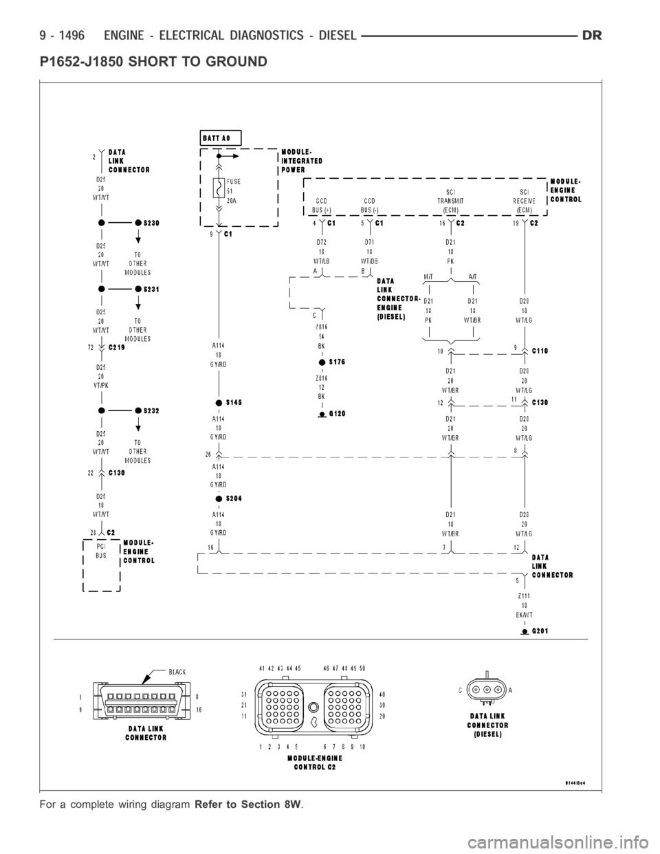 DODGE RAM SRT-10 2006  Service Repair Manual P1652-J1850 SHORT TO GROUND
For a complete wiring diagramRefer to Section 8W. 