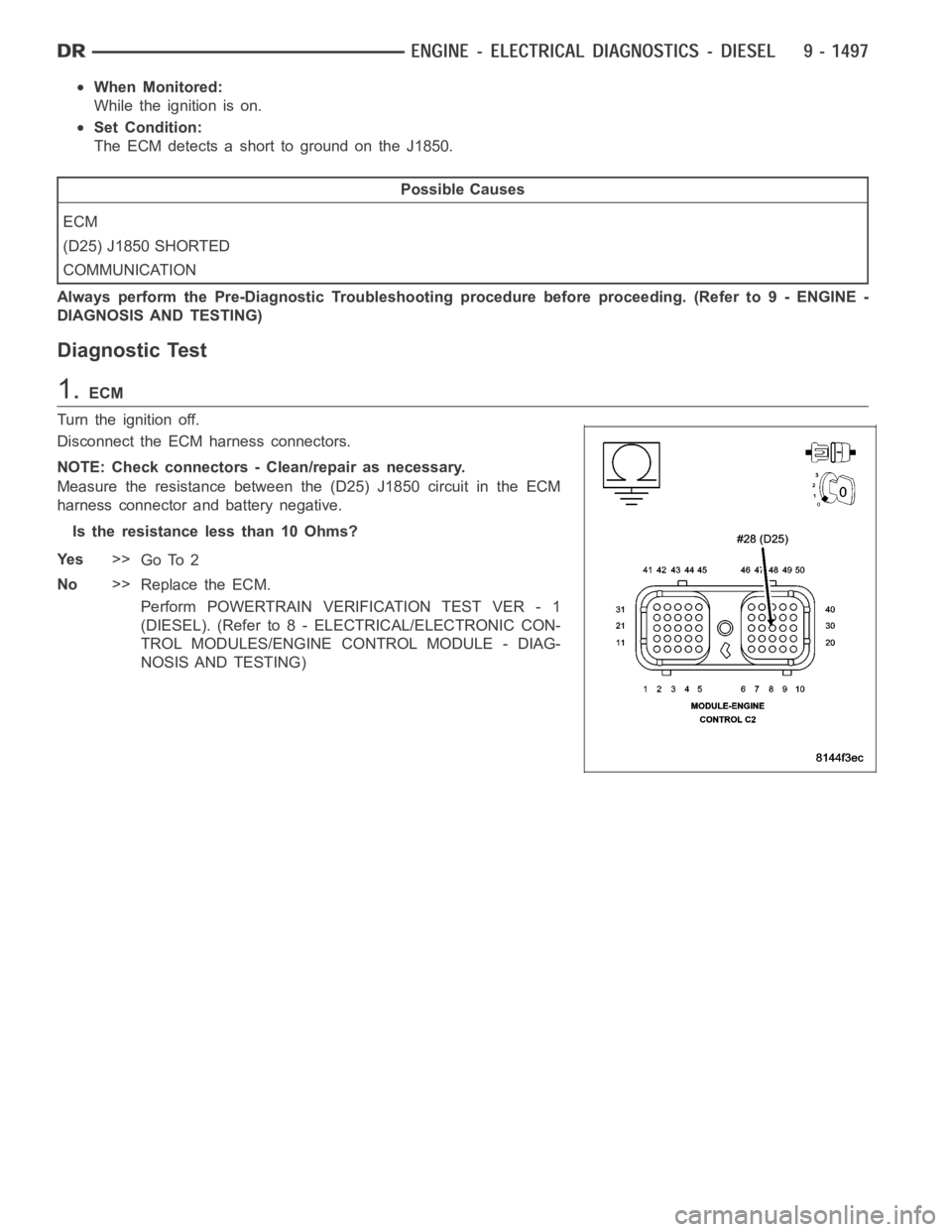 DODGE RAM SRT-10 2006  Service Repair Manual When Monitored:
While the ignition is on.
Set Condition:
The ECM detects a short to ground on the J1850.
Possible Causes
ECM
(D25) J1850 SHORTED
COMMUNICATION
Always perform the Pre-Diagnostic Trouble