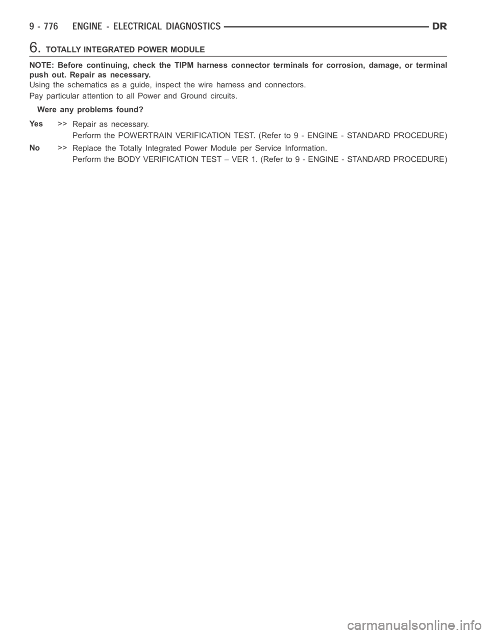 DODGE RAM SRT-10 2006  Service Repair Manual 6.TOTALLY INTEGRATED POWER MODULE
NOTE: Before continuing, check the TIPM harness connector terminals for corrosion, damage, or terminal
push out. Repair as necessary.
Using the schematics as a guide,