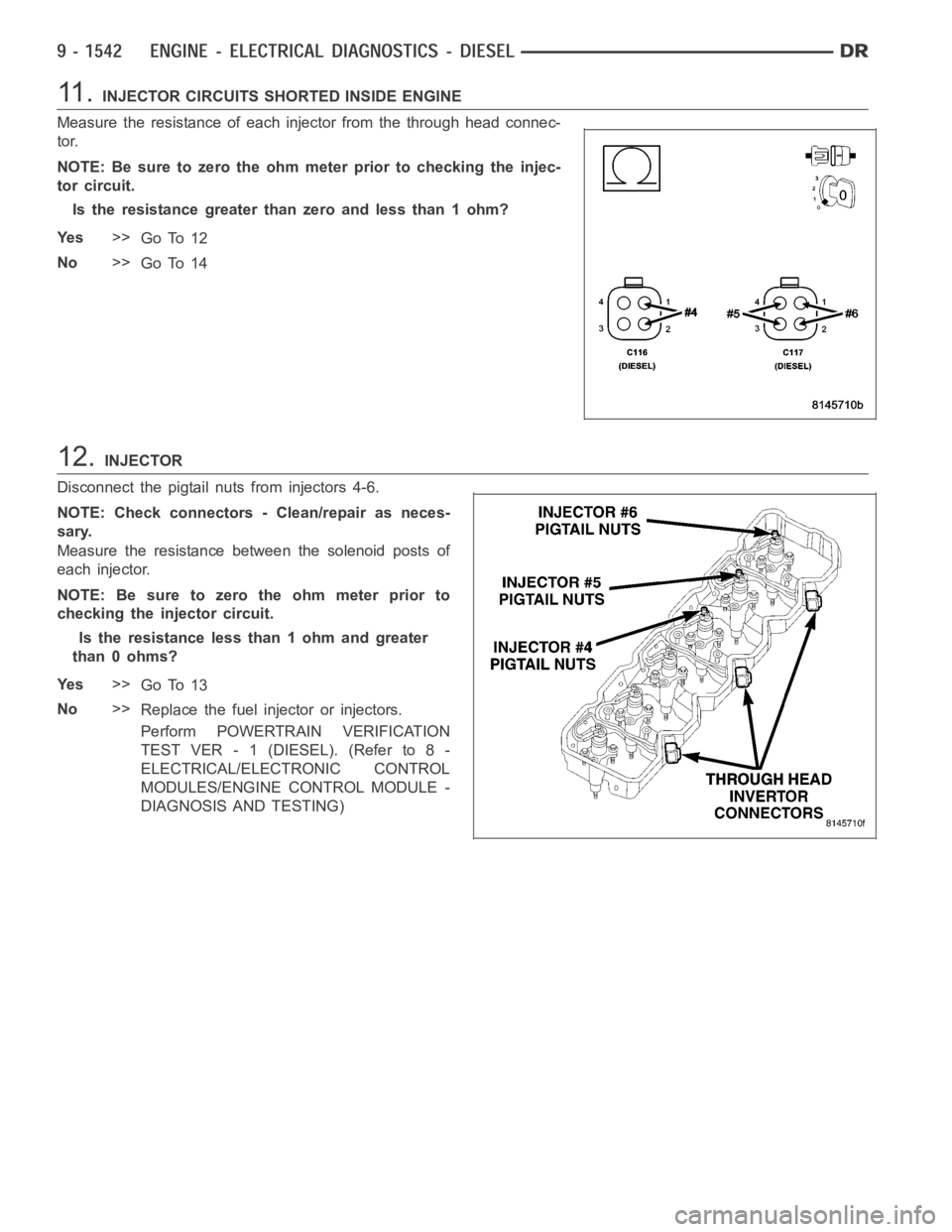 DODGE RAM SRT-10 2006  Service Repair Manual 11 .INJECTOR CIRCUITS SHORTED INSIDE ENGINE
Measure the resistance of each injector from the through head connec-
tor.
NOTE: Be sure to zero the ohm meter prior to checking the injec-
tor circuit.
Is 