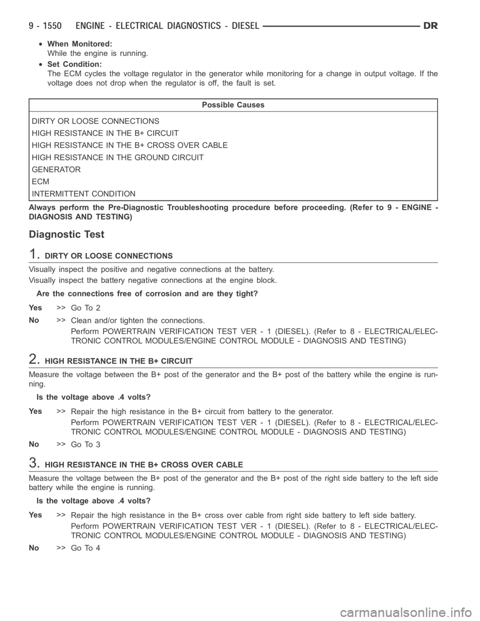 DODGE RAM SRT-10 2006 Service Repair Manual When Monitored:
While the engine is running.
Set Condition:
The ECM cycles the voltage regulator in the generator while monitoring fora change in output voltage. If the
voltage does not drop when the DODGE RAM SRT-10 2006 Service Repair Manual When Monitored:
While the engine is running.
Set Condition:
The ECM cycles the voltage regulator in the generator while monitoring fora change in output voltage. If the
voltage does not drop when the
