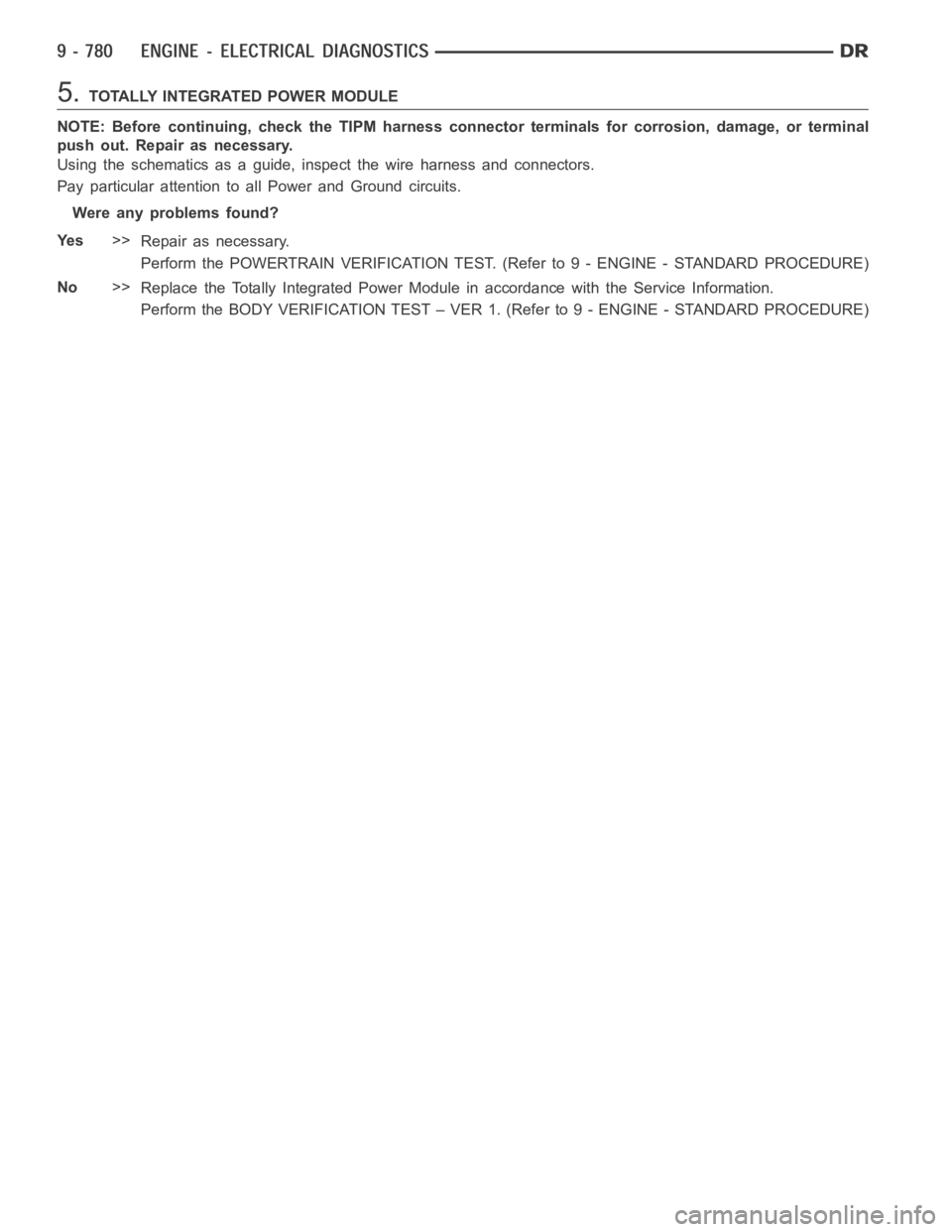 DODGE RAM SRT-10 2006  Service Repair Manual 5.TOTALLY INTEGRATED POWER MODULE
NOTE: Before continuing, check the TIPM harness connector terminals for corrosion, damage, or terminal
push out. Repair as necessary.
Using the schematics as a guide,