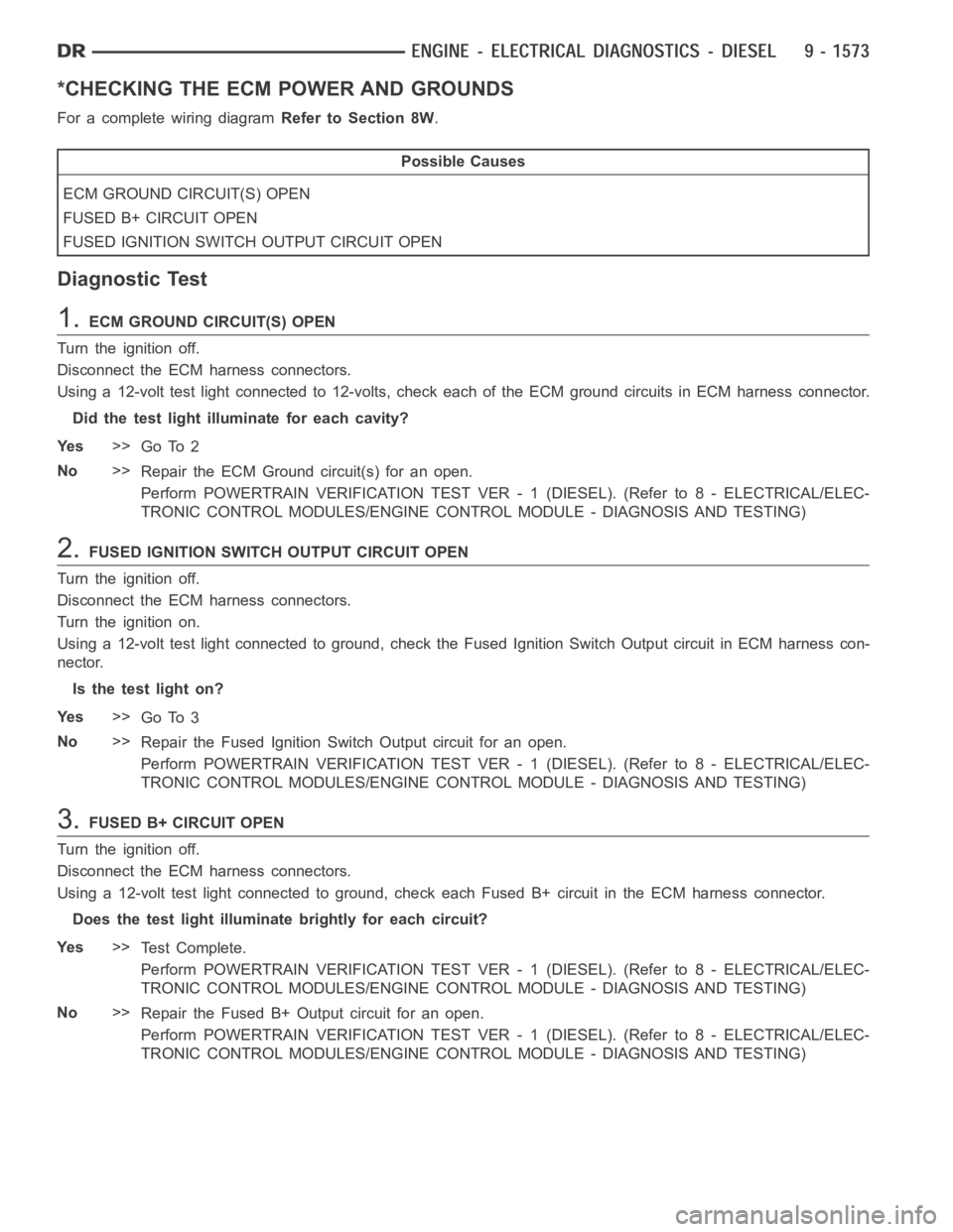 DODGE RAM SRT-10 2006 Service Repair Manual *CHECKING THE ECM POWER AND GROUNDS
For a complete wiring diagramRefer to Section 8W.
Possible Causes
ECM GROUND CIRCUIT(S) OPEN
FUSED B+ CIRCUIT OPEN
FUSED IGNITION SWITCH OUTPUT CIRCUIT OPEN
Diagnos DODGE RAM SRT-10 2006 Service Repair Manual *CHECKING THE ECM POWER AND GROUNDS
For a complete wiring diagramRefer to Section 8W.
Possible Causes
ECM GROUND CIRCUIT(S) OPEN
FUSED B+ CIRCUIT OPEN
FUSED IGNITION SWITCH OUTPUT CIRCUIT OPEN
Diagnos