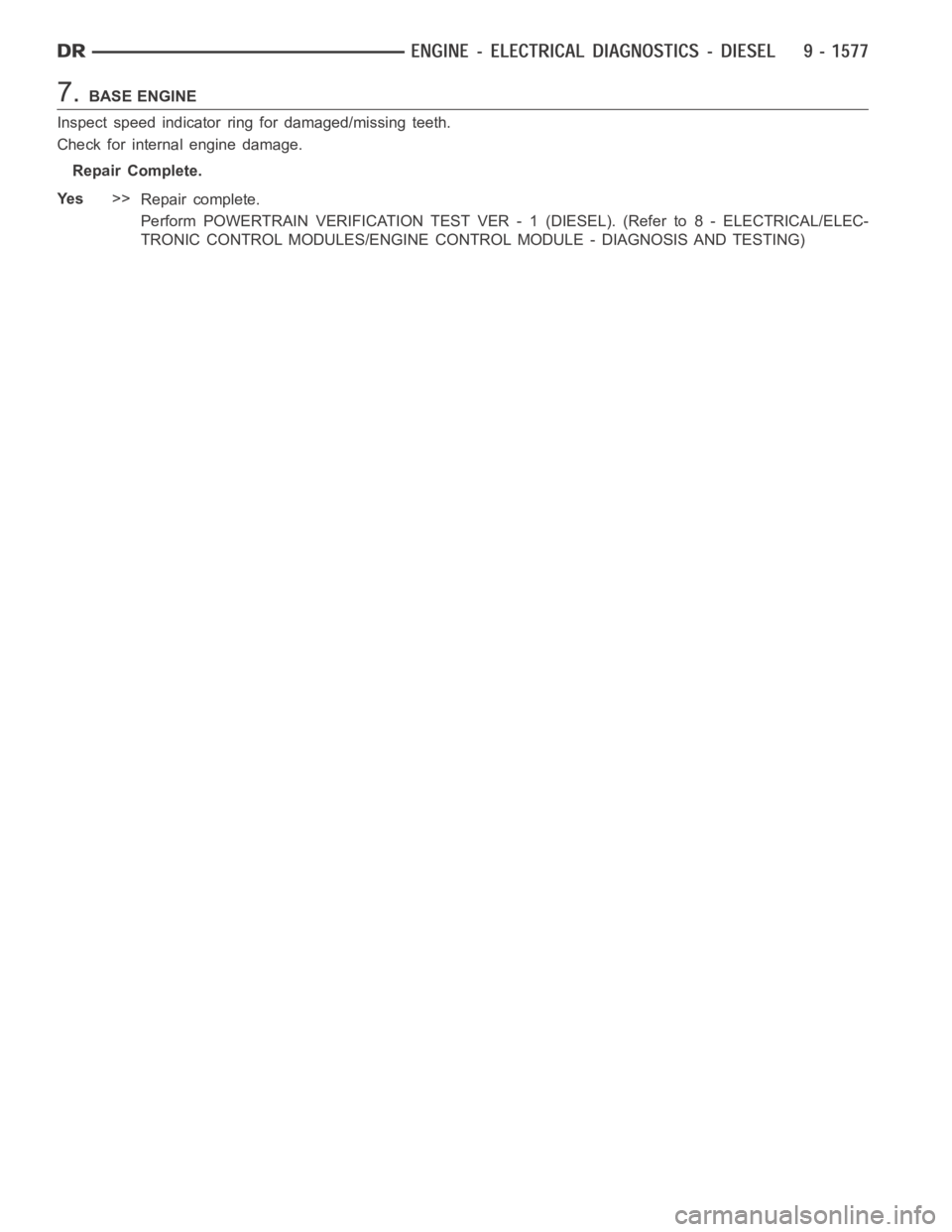 DODGE RAM SRT-10 2006  Service Repair Manual 7.BASE ENGINE
Inspect speed indicator ring for damaged/missing teeth.
Check for internal engine damage.
Repair Complete.
Ye s>>
Repair complete.
Perform POWERTRAIN VERIFICATION TEST VER - 1 (DIESEL). 