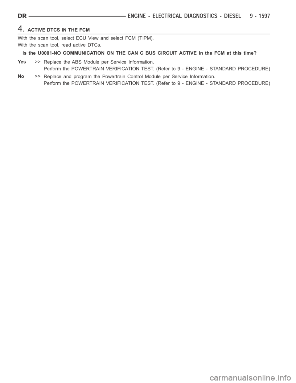 DODGE RAM SRT-10 2006  Service Repair Manual 4.ACTIVE DTCS IN THE FCM
With the scan tool, select ECU View and select FCM (TIPM).
With the scan tool, read active DTCs.
Is the U0001-NO COMMUNICATION ON THE CAN C BUS CIRCUIT ACTIVE in the FCM at th