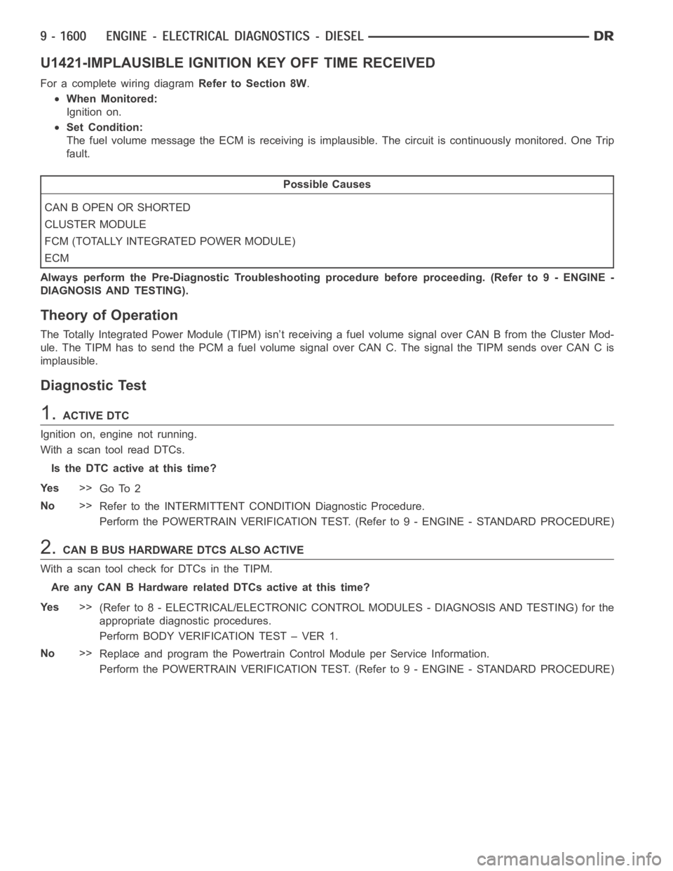 DODGE RAM SRT-10 2006 Service Repair Manual U1421-IMPLAUSIBLE IGNITION KEY OFF TIME RECEIVED
For a complete wiring diagramRefer to Section 8W.
When Monitored:
Ignition on.
Set Condition:
The fuel volume message the ECM is receiving is implausib DODGE RAM SRT-10 2006 Service Repair Manual U1421-IMPLAUSIBLE IGNITION KEY OFF TIME RECEIVED
For a complete wiring diagramRefer to Section 8W.
When Monitored:
Ignition on.
Set Condition:
The fuel volume message the ECM is receiving is implausib
