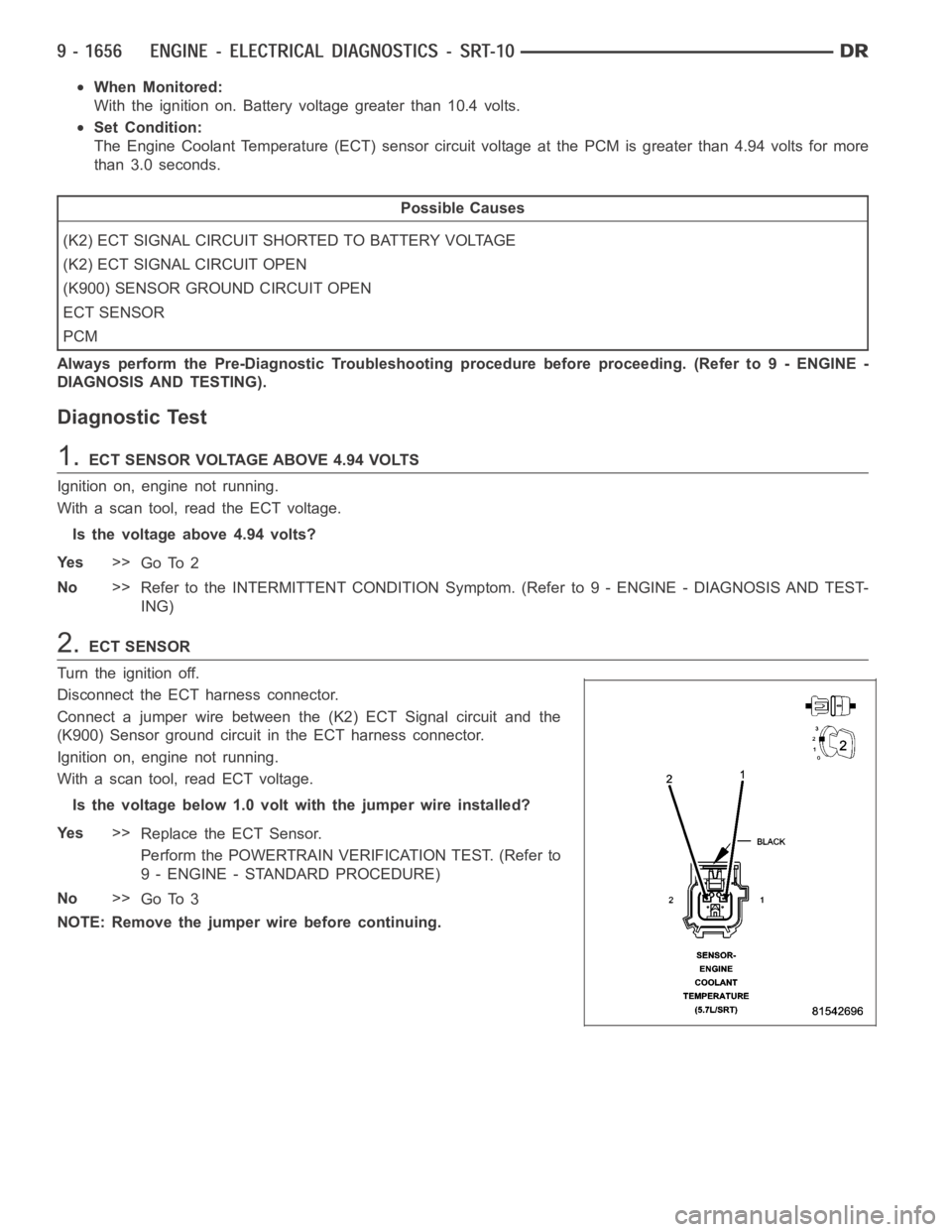 DODGE RAM SRT-10 2006 Service Repair Manual When Monitored:
With the ignition on. Battery voltage greater than 10.4 volts.
Set Condition:
The Engine Coolant Temperature (ECT) sensor circuit voltage at the PCM is greater than 4.94 volts for more DODGE RAM SRT-10 2006 Service Repair Manual When Monitored:
With the ignition on. Battery voltage greater than 10.4 volts.
Set Condition:
The Engine Coolant Temperature (ECT) sensor circuit voltage at the PCM is greater than 4.94 volts for more
