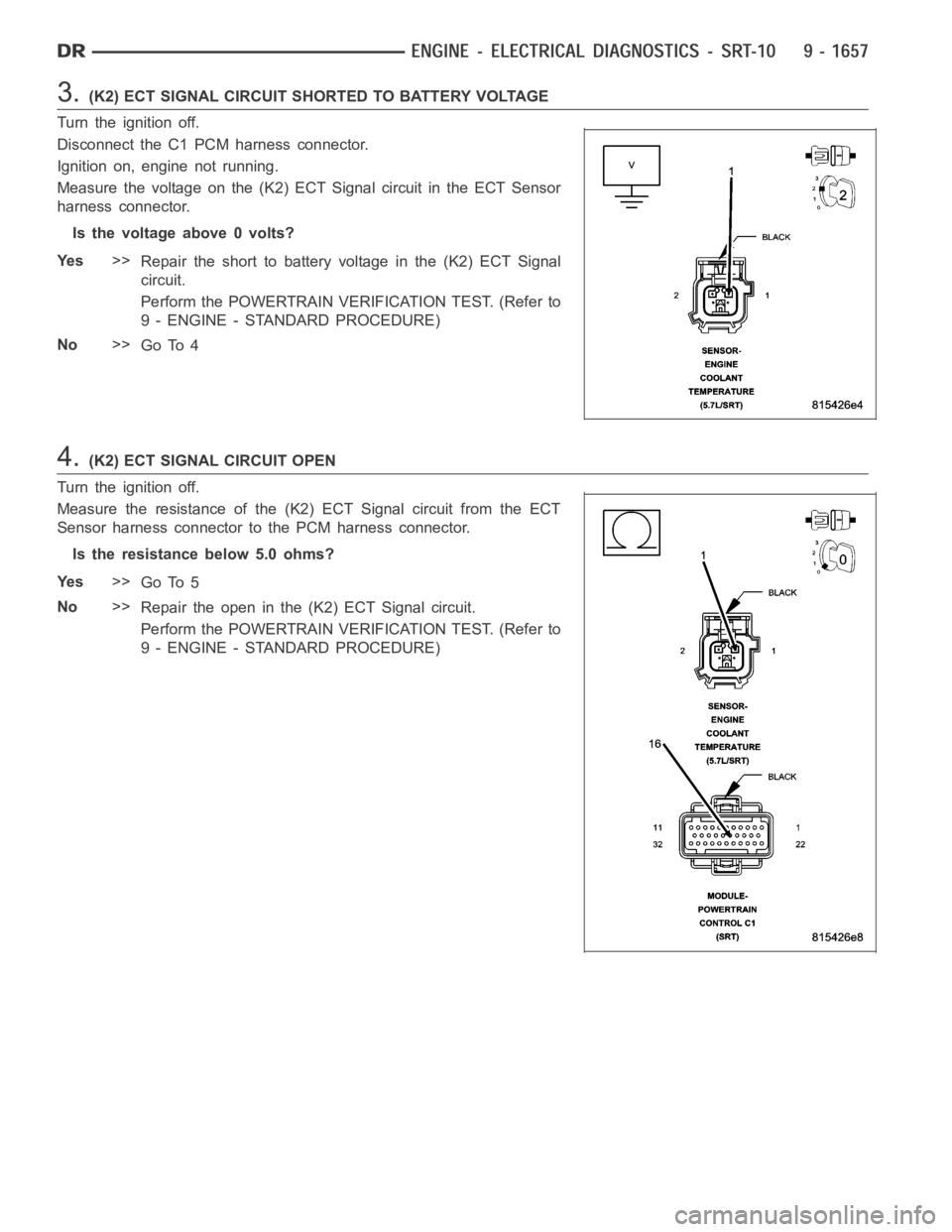 DODGE RAM SRT-10 2006  Service Repair Manual 3.(K2) ECT SIGNAL CIRCUIT SHORTED TO BATTERY VOLTAGE
Turn the ignition off.
Disconnect the C1 PCM harness connector.
Ignition on, engine not running.
Measure the voltage on the (K2) ECT Signal circuit