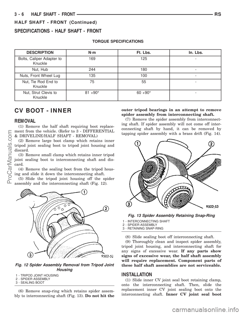 DODGE TOWN AND COUNTRY 2003 Service Manual SPECIFICATIONS - HALF SHAFT - FRONT
TORQUE SPECIFICATIONS
DESCRIPTION N´m Ft. Lbs. In. Lbs.
Bolts, Caliper Adapter to
Knuckle169 125 -
Nut, Hub 244 180 -
Nuts, Front Wheel Lug 135 100 -
Nut, Tie Rod DODGE TOWN AND COUNTRY 2003 Service Manual SPECIFICATIONS - HALF SHAFT - FRONT
TORQUE SPECIFICATIONS
DESCRIPTION N´m Ft. Lbs. In. Lbs.
Bolts, Caliper Adapter to
Knuckle169 125 -
Nut, Hub 244 180 -
Nuts, Front Wheel Lug 135 100 -
Nut, Tie Rod
