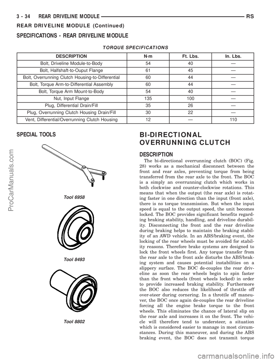 DODGE TOWN AND COUNTRY 2003 Service Manual SPECIFICATIONS - REAR DRIVELINE MODULE
TORQUE SPECIFICATIONS
DESCRIPTION N´m Ft. Lbs. In. Lbs.
Bolt, Driveline Module-to-Body 54 40 Ð
Bolt, Halfshaft-to-Ouput Flange 61 45 Ð
Bolt, Overrunning Clutc DODGE TOWN AND COUNTRY 2003 Service Manual SPECIFICATIONS - REAR DRIVELINE MODULE
TORQUE SPECIFICATIONS
DESCRIPTION N´m Ft. Lbs. In. Lbs.
Bolt, Driveline Module-to-Body 54 40 Ð
Bolt, Halfshaft-to-Ouput Flange 61 45 Ð
Bolt, Overrunning Clutc