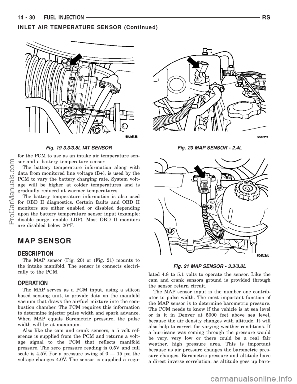DODGE TOWN AND COUNTRY 2003  Service Manual for the PCM to use as an intake air temperature sen-
sor and a battery temperature sensor.
The battery temperature information along with
data from monitored line voltage (B+), is used by the
PCM to v