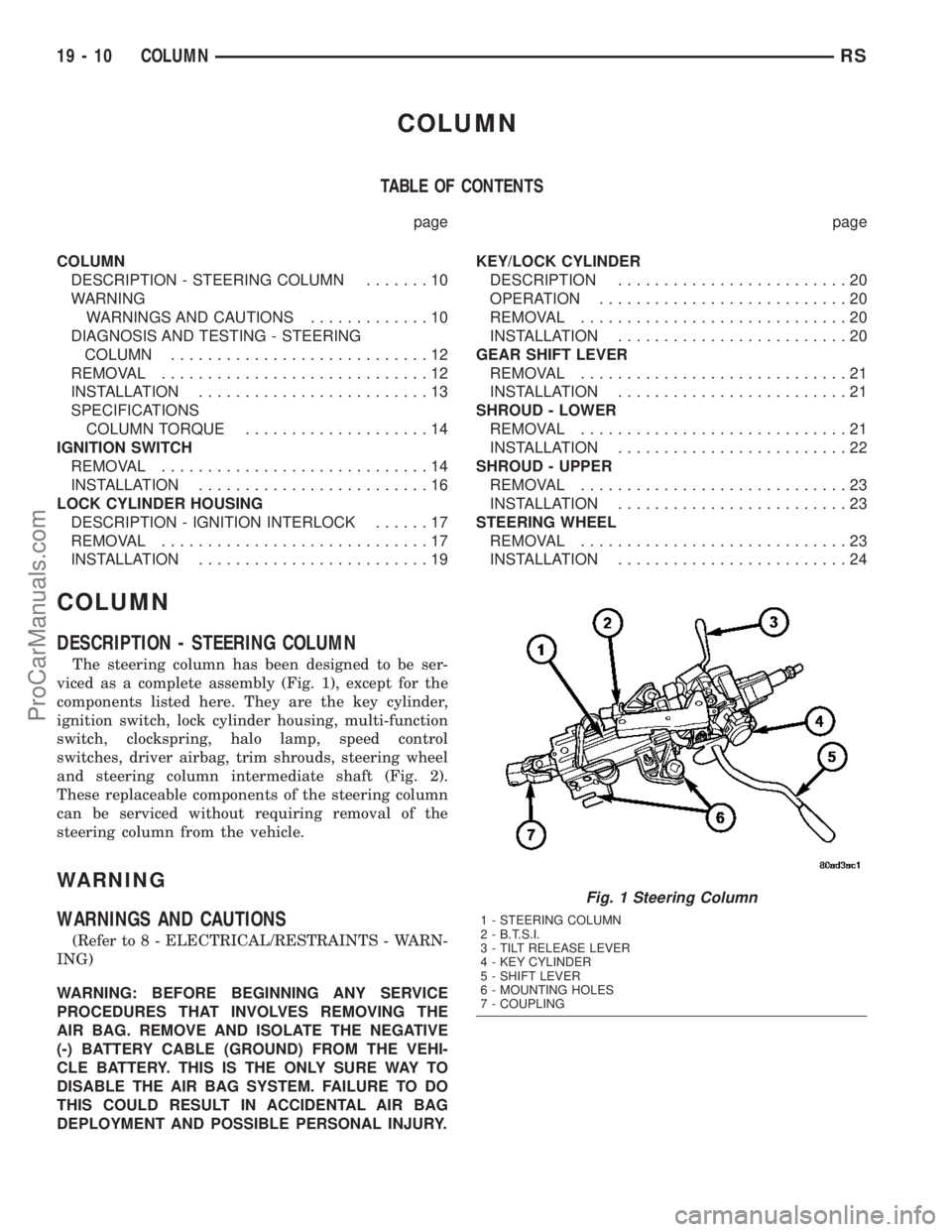 DODGE TOWN AND COUNTRY 2003 Service Manual COLUMN
TABLE OF CONTENTS
page page
COLUMN
DESCRIPTION - STEERING COLUMN.......10
WARNING
WARNINGS AND CAUTIONS.............10
DIAGNOSIS AND TESTING - STEERING
COLUMN............................12
REMO DODGE TOWN AND COUNTRY 2003 Service Manual COLUMN
TABLE OF CONTENTS
page page
COLUMN
DESCRIPTION - STEERING COLUMN.......10
WARNING
WARNINGS AND CAUTIONS.............10
DIAGNOSIS AND TESTING - STEERING
COLUMN............................12
REMO