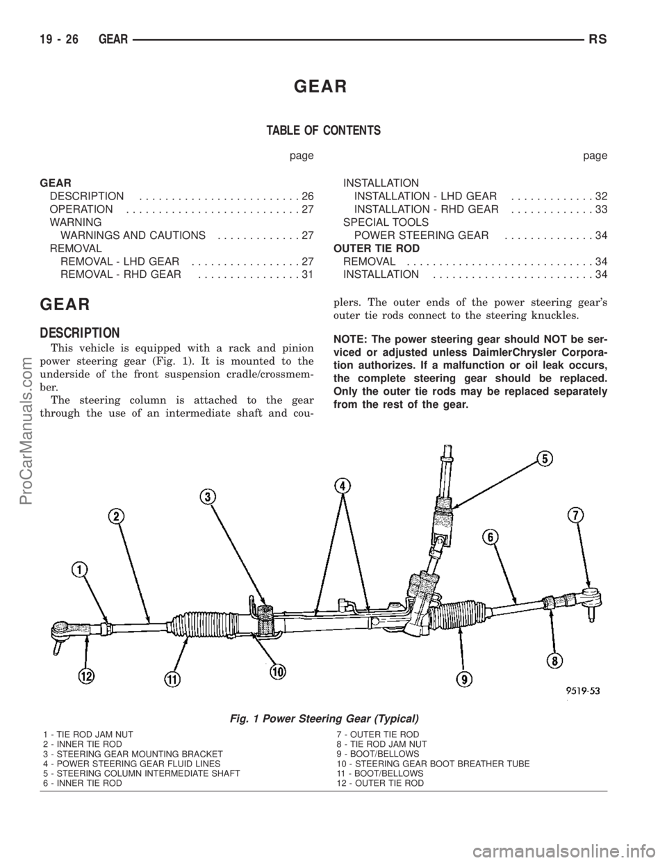 DODGE TOWN AND COUNTRY 2003 Service Manual GEAR
TABLE OF CONTENTS
page page
GEAR
DESCRIPTION.........................26
OPERATION...........................27
WARNING
WARNINGS AND CAUTIONS.............27
REMOVAL
REMOVAL - LHD GEAR............. DODGE TOWN AND COUNTRY 2003 Service Manual GEAR
TABLE OF CONTENTS
page page
GEAR
DESCRIPTION.........................26
OPERATION...........................27
WARNING
WARNINGS AND CAUTIONS.............27
REMOVAL
REMOVAL - LHD GEAR.............