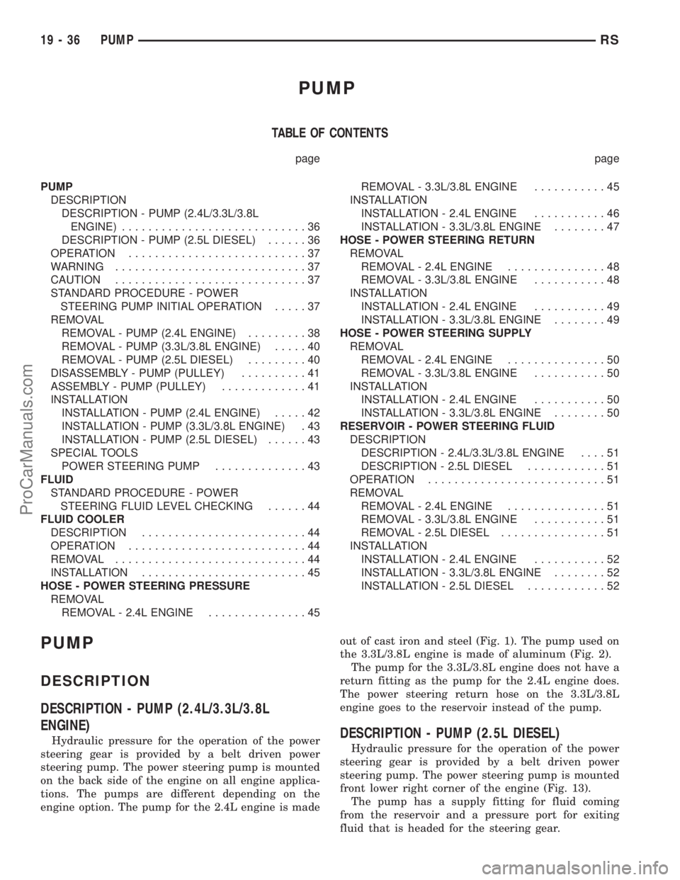 DODGE TOWN AND COUNTRY 2003 Service Manual PUMP
TABLE OF CONTENTS
page page
PUMP
DESCRIPTION
DESCRIPTION - PUMP (2.4L/3.3L/3.8L
ENGINE)............................36
DESCRIPTION - PUMP (2.5L DIESEL)......36
OPERATION........................... DODGE TOWN AND COUNTRY 2003 Service Manual PUMP
TABLE OF CONTENTS
page page
PUMP
DESCRIPTION
DESCRIPTION - PUMP (2.4L/3.3L/3.8L
ENGINE)............................36
DESCRIPTION - PUMP (2.5L DIESEL)......36
OPERATION...........................