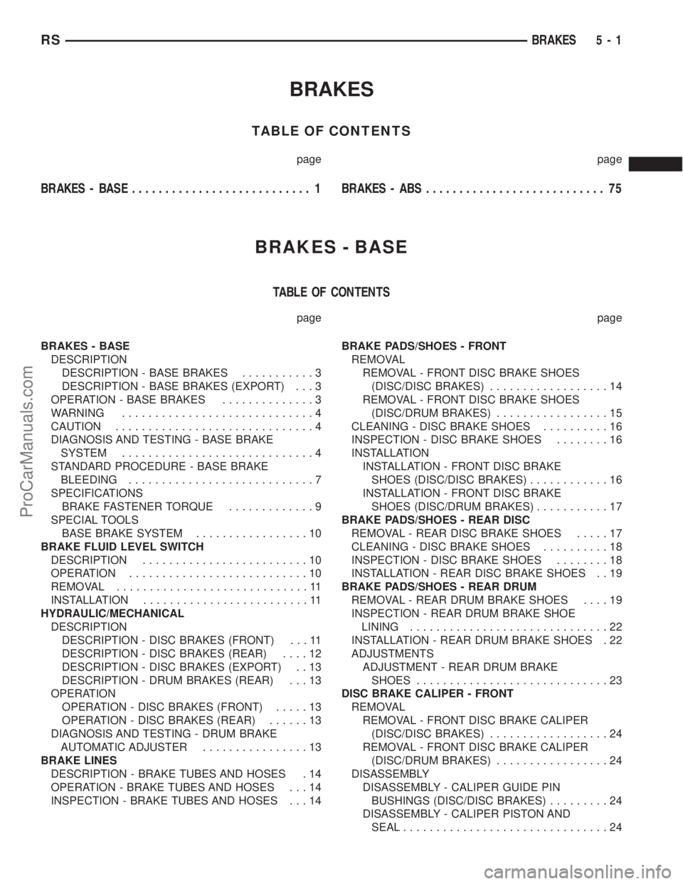 DODGE TOWN AND COUNTRY 2003 Service Manual BRAKES
TABLE OF CONTENTS
page page
BRAKES - BASE........................... 1BRAKES - ABS........................... 75
BRAKES - BASE
TABLE OF CONTENTS
page page
BRAKES - BASE
DESCRIPTION
DESCRIPTION DODGE TOWN AND COUNTRY 2003 Service Manual BRAKES
TABLE OF CONTENTS
page page
BRAKES - BASE........................... 1BRAKES - ABS........................... 75
BRAKES - BASE
TABLE OF CONTENTS
page page
BRAKES - BASE
DESCRIPTION
DESCRIPTION