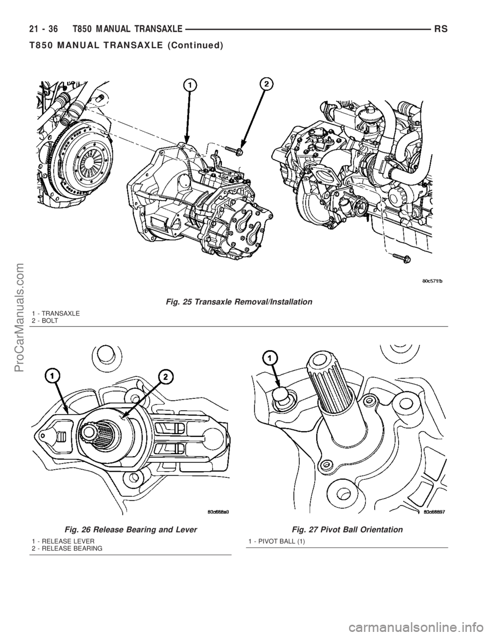 DODGE TOWN AND COUNTRY 2003  Service Manual Fig. 25 Transaxle Removal/Installation
1 - TRANSAXLE
2 - BOLT
Fig. 26 Release Bearing and Lever
1 - RELEASE LEVER
2 - RELEASE BEARING
Fig. 27 Pivot Ball Orientation
1 - PIVOT BALL (1)
21 - 36 T850 MAN