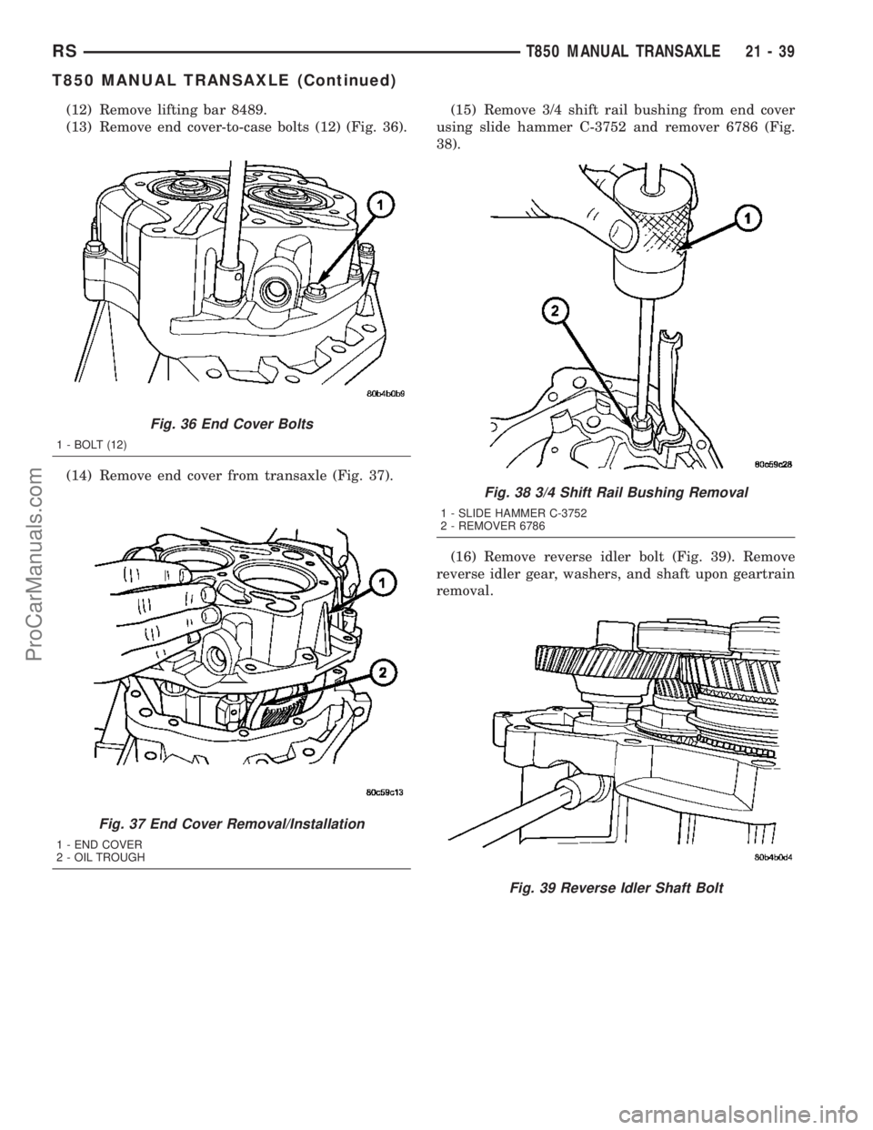 DODGE TOWN AND COUNTRY 2003  Service Manual (12) Remove lifting bar 8489.
(13) Remove end cover-to-case bolts (12) (Fig. 36).
(14) Remove end cover from transaxle (Fig. 37).(15) Remove 3/4 shift rail bushing from end cover
using slide hammer C-