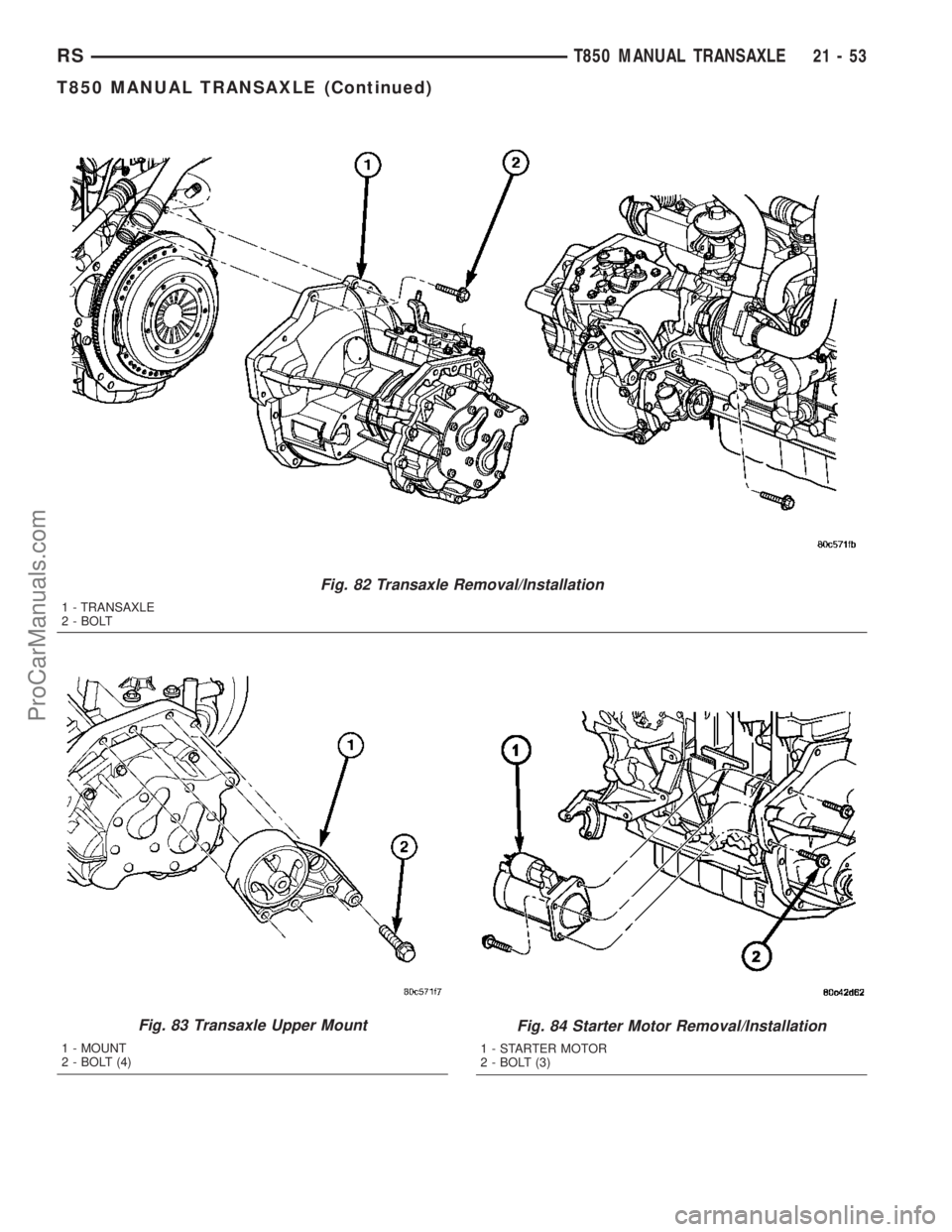 DODGE TOWN AND COUNTRY 2003  Service Manual Fig. 82 Transaxle Removal/Installation
1 - TRANSAXLE
2 - BOLT
Fig. 83 Transaxle Upper Mount
1 - MOUNT
2 - BOLT (4)
Fig. 84 Starter Motor Removal/Installation
1 - STARTER MOTOR
2 - BOLT (3)
RST850 MANU