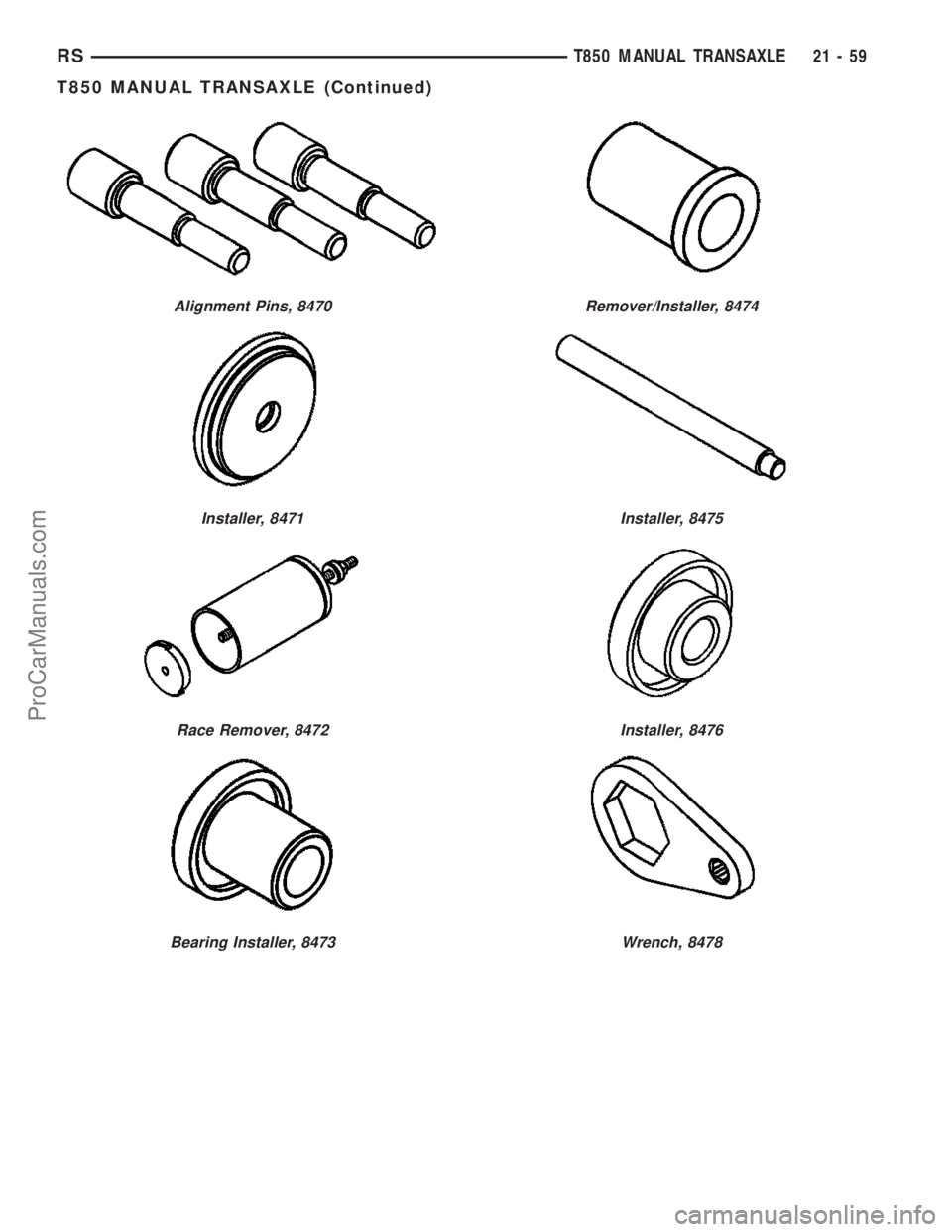 DODGE TOWN AND COUNTRY 2003  Service Manual Alignment Pins, 8470
Installer, 8471
Race Remover, 8472
Bearing Installer, 8473
Remover/Installer, 8474
Installer, 8475
Installer, 8476
Wrench, 8478
RST850 MANUAL TRANSAXLE21-59
T850 MANUAL TRANSAXLE 