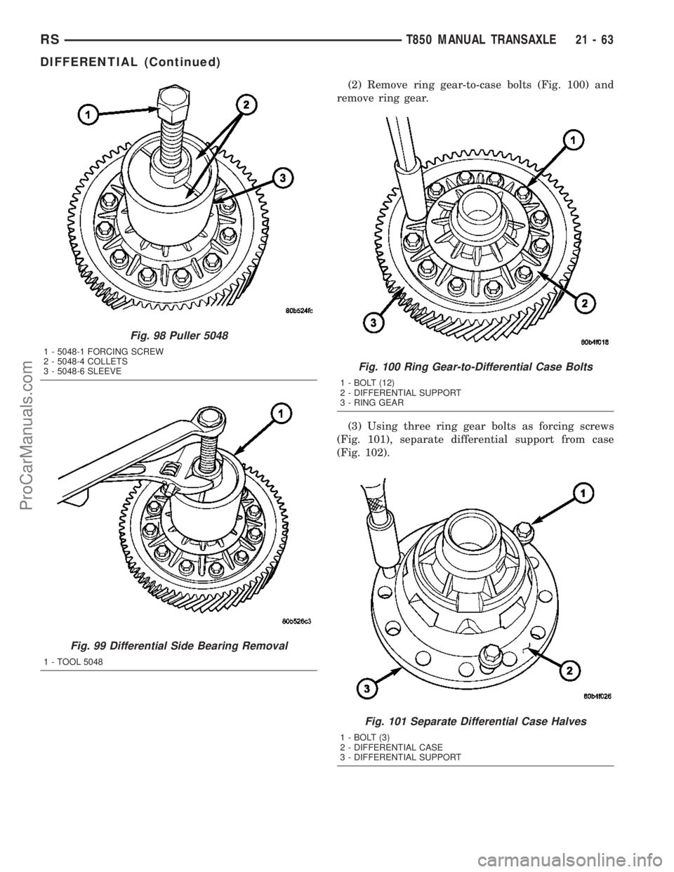 DODGE TOWN AND COUNTRY 2003  Service Manual (2) Remove ring gear-to-case bolts (Fig. 100) and
remove ring gear.
(3) Using three ring gear bolts as forcing screws
(Fig. 101), separate differential support from case
(Fig. 102).
Fig. 98 Puller 504
